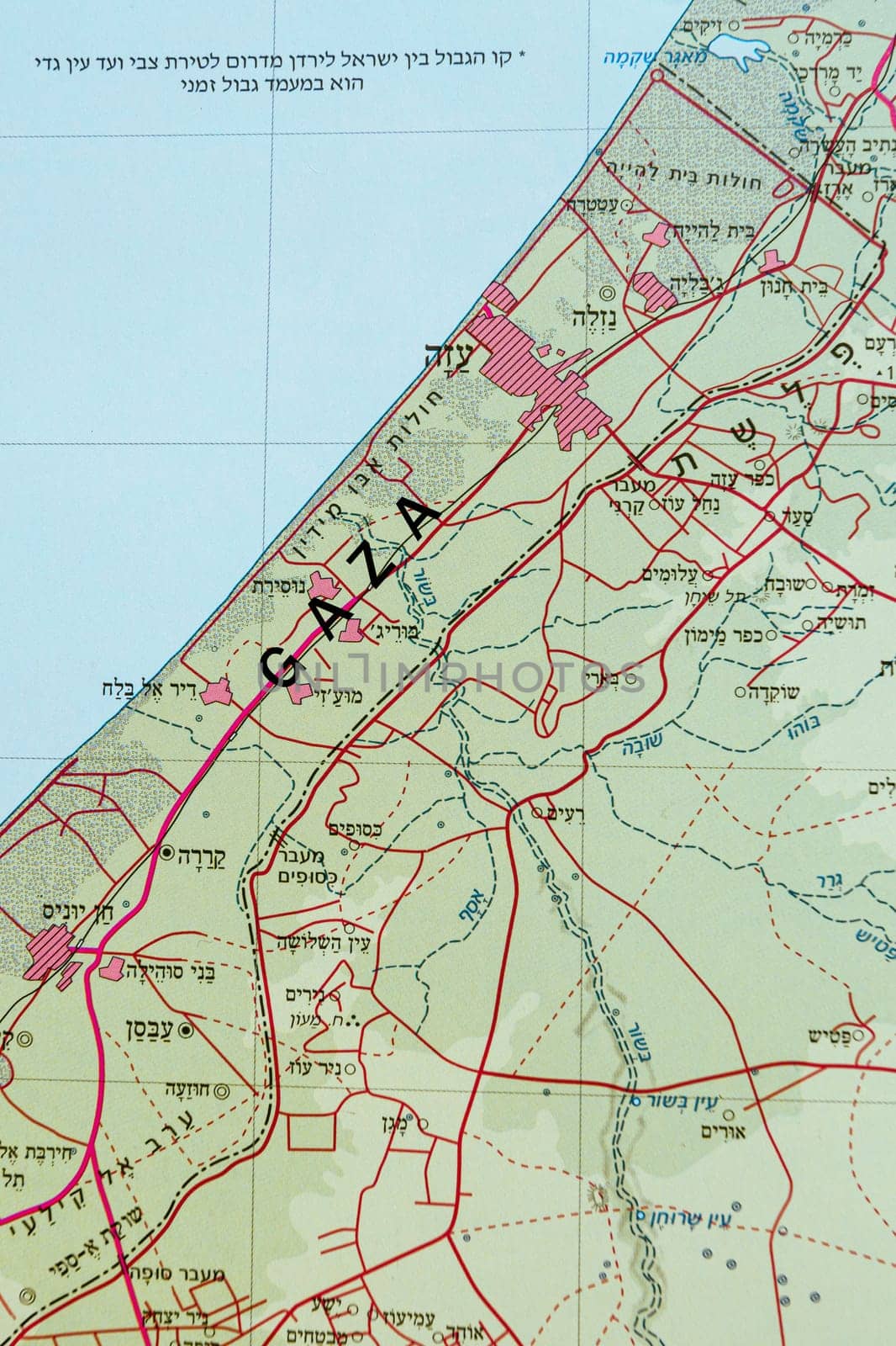 Image of a map of Gaza and Israel in Hebrew. High quality photo