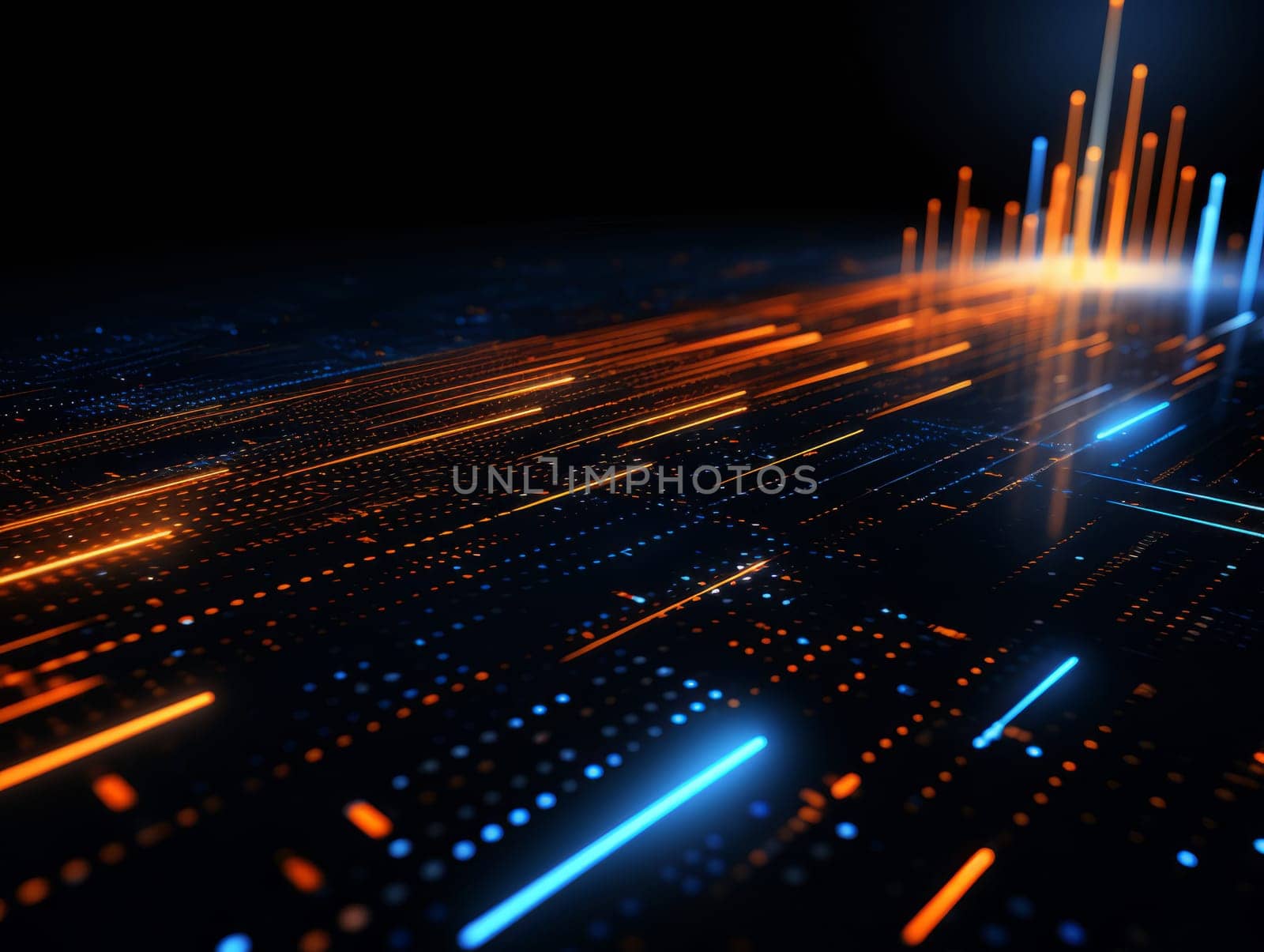 Abstract technology, blue and orange neon background of lines and dots, science and technology business concept of digital future technologies. AI