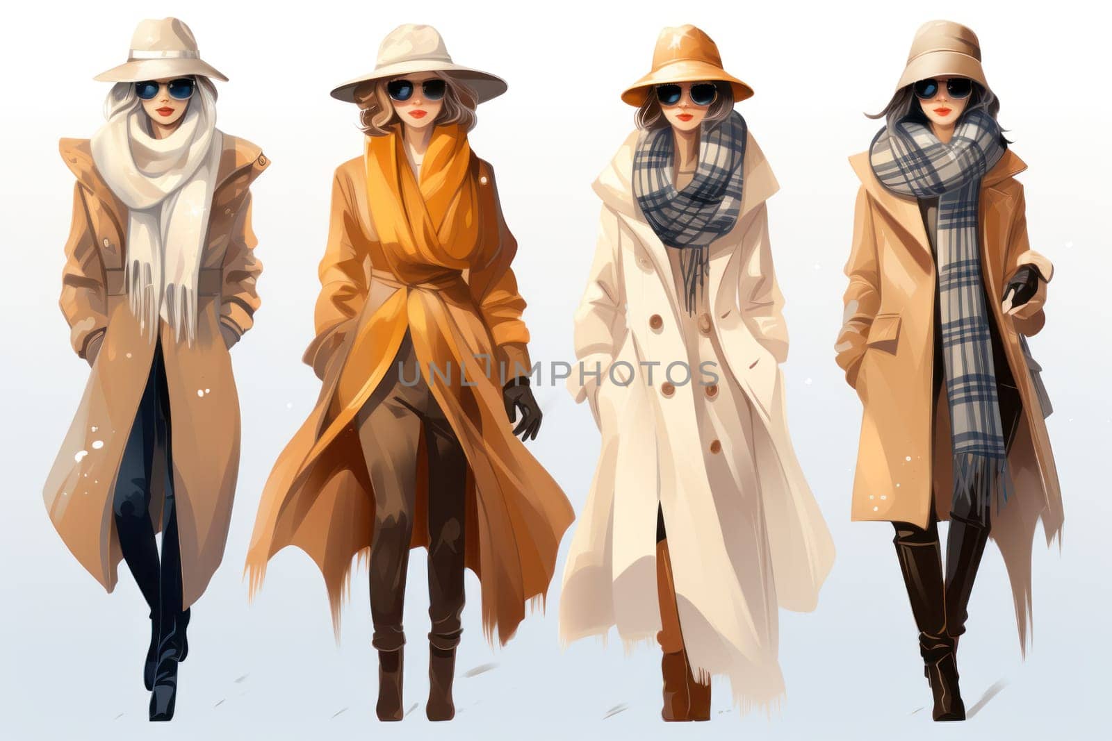 A chic portrayal of the winter season's fashion, highlighting stylish winter attire, including scarves, hats, and coats. This composition captures the elegance and coziness of winter wardrobe.