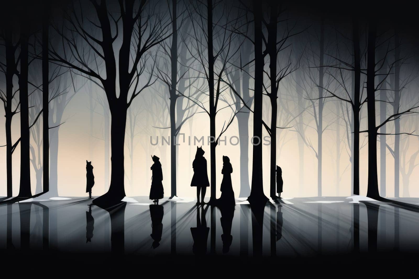 A striking visual display of the winter season, utilizing the extended shadows and sharp differences in lighting to craft captivating silhouettes against the snowy backdrop.