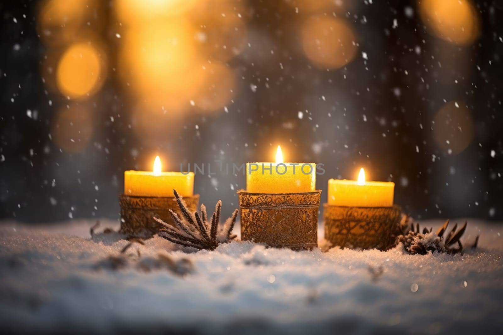 A captivating portrayal of the winter charm, focusing on the creation of cozy and welcoming visuals using the soft glow of candles or lanterns against the snowy backdrop.