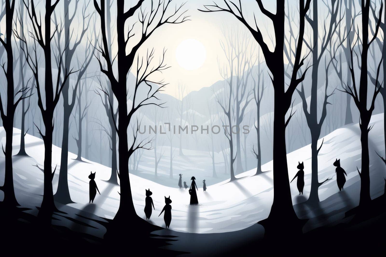 A striking visual display of the winter season, utilizing the extended shadows and sharp differences in lighting to craft captivating silhouettes against the snowy backdrop.