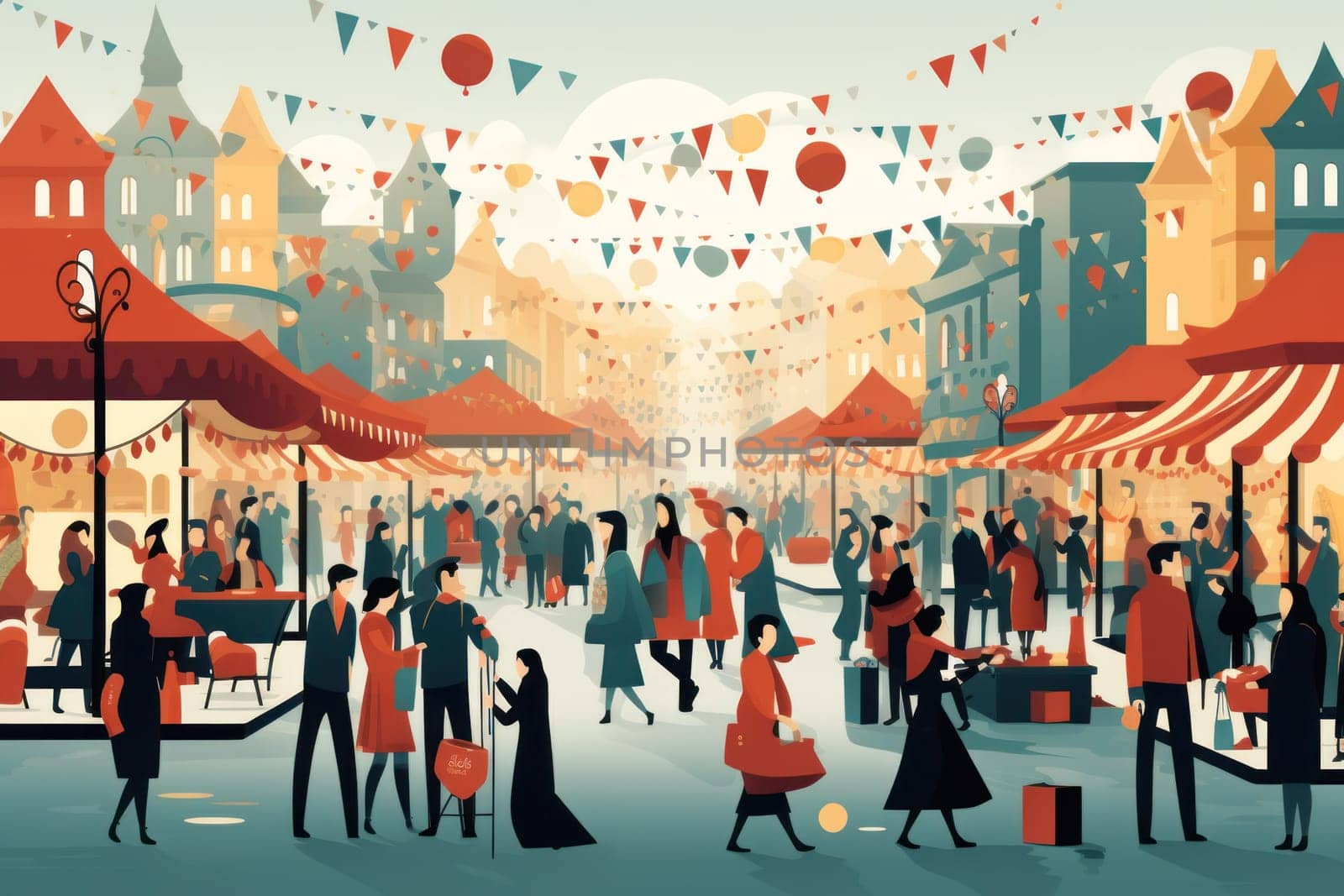 A vibrant depiction of the holiday spirit, capturing the lively ambiance of bustling markets and fairs adorned with festive decorations.