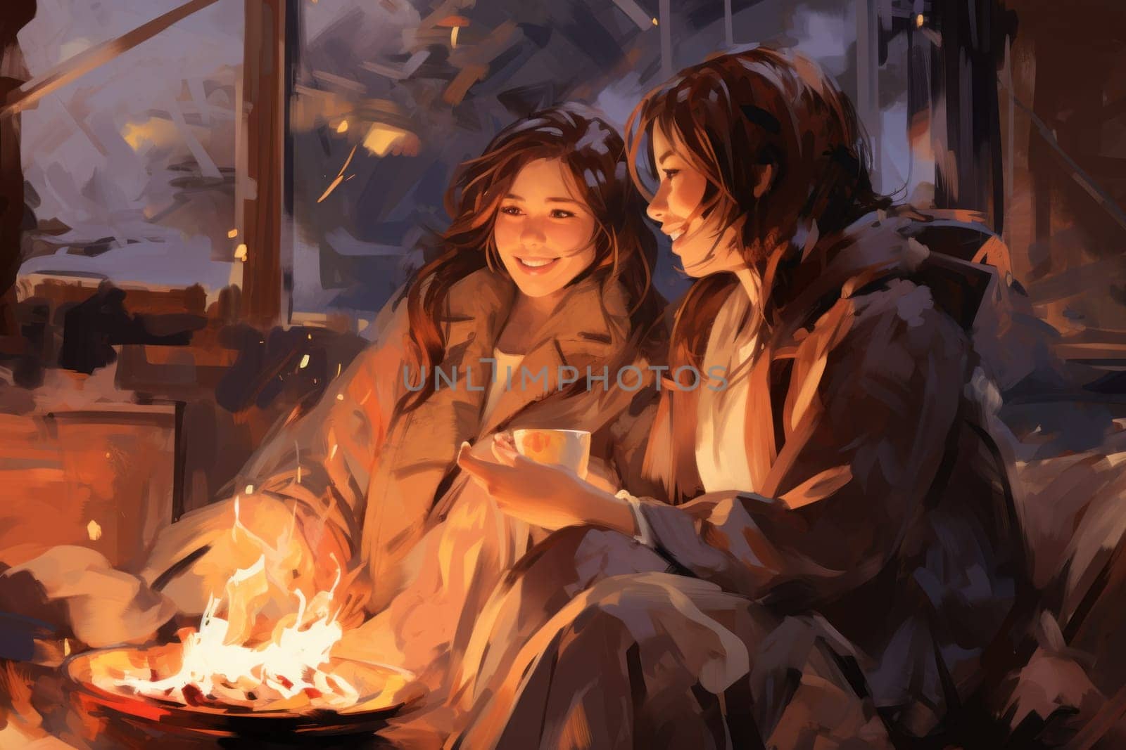 A heartwarming depiction of the winter season's charm, with individuals captured indoors, basking by a crackling fire, indulging in hot cocoa, or cocooned in soft blankets.