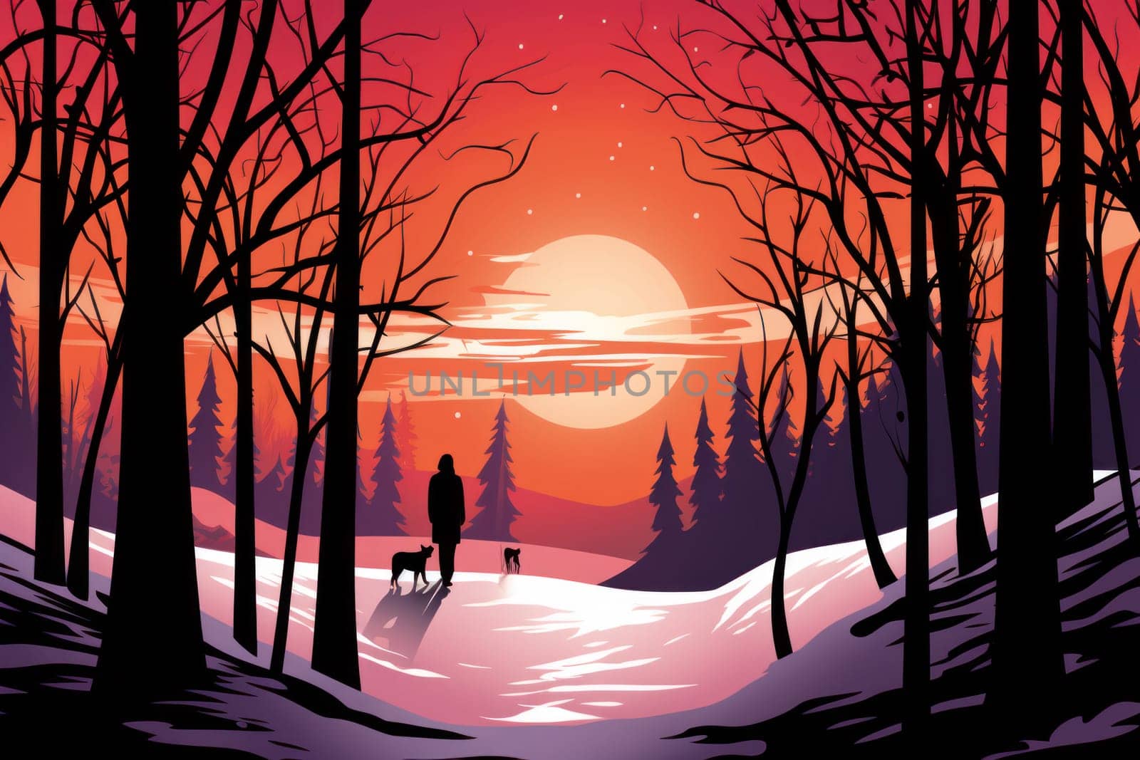 A striking visual display of the winter season, utilizing the extended shadows and sharp differences in lighting to craft captivating silhouettes against the snowy backdrop.