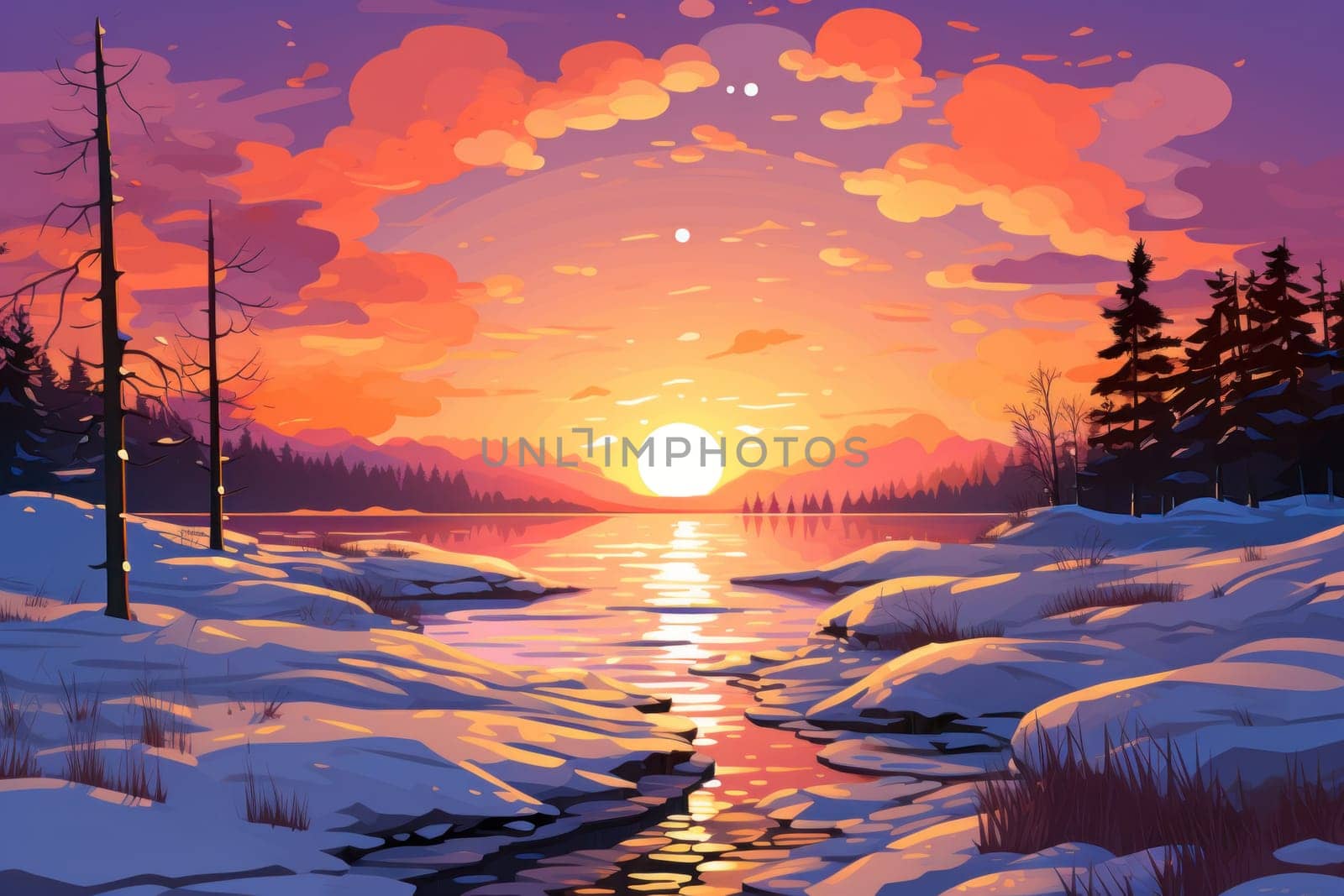An exquisite visual representation of the winter skies, highlighting the unique color schemes and breathtaking beauty brought by the low-angled sun during winter sunrises and sunsets.