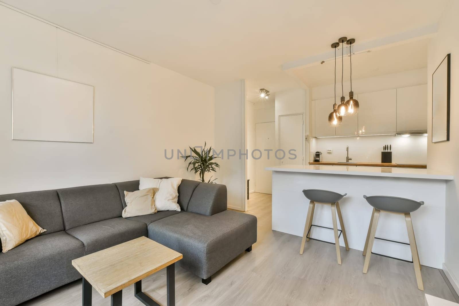 a living room and kitchen area in a modern apartment with white walls, wood flooring and grey sofas