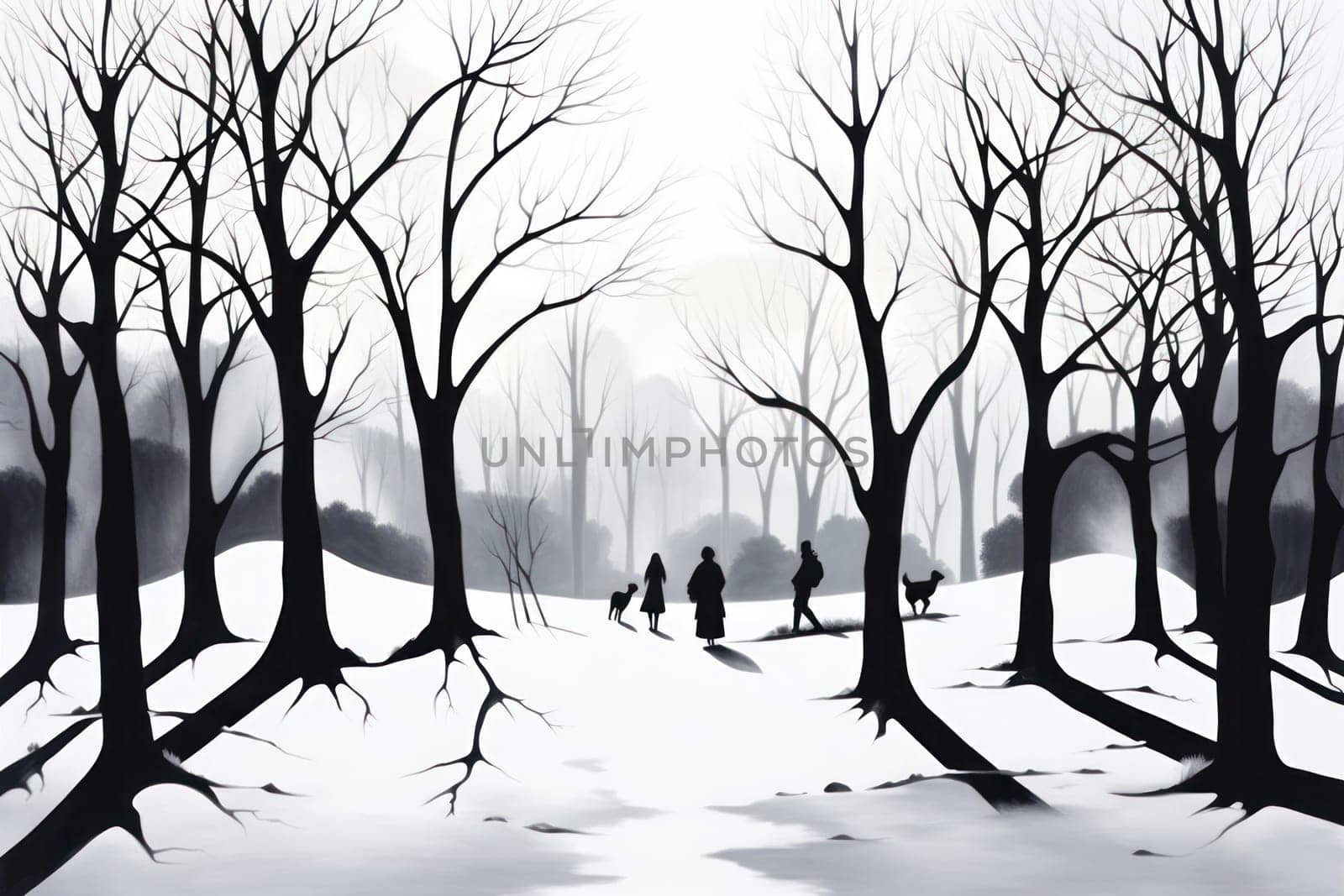 A striking visual display of the winter season, utilizing the extended shadows and sharp differences in lighting to craft captivating silhouettes against the snowy backdrop.