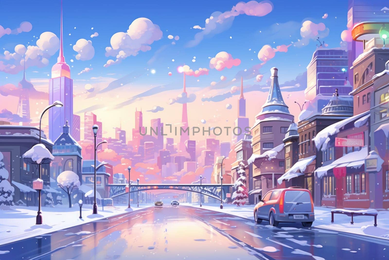 An evocative representation of urban life during winter, focusing on the enchanting vistas of city streets, buildings blanketed in snow, and the warm radiance of streetlights.