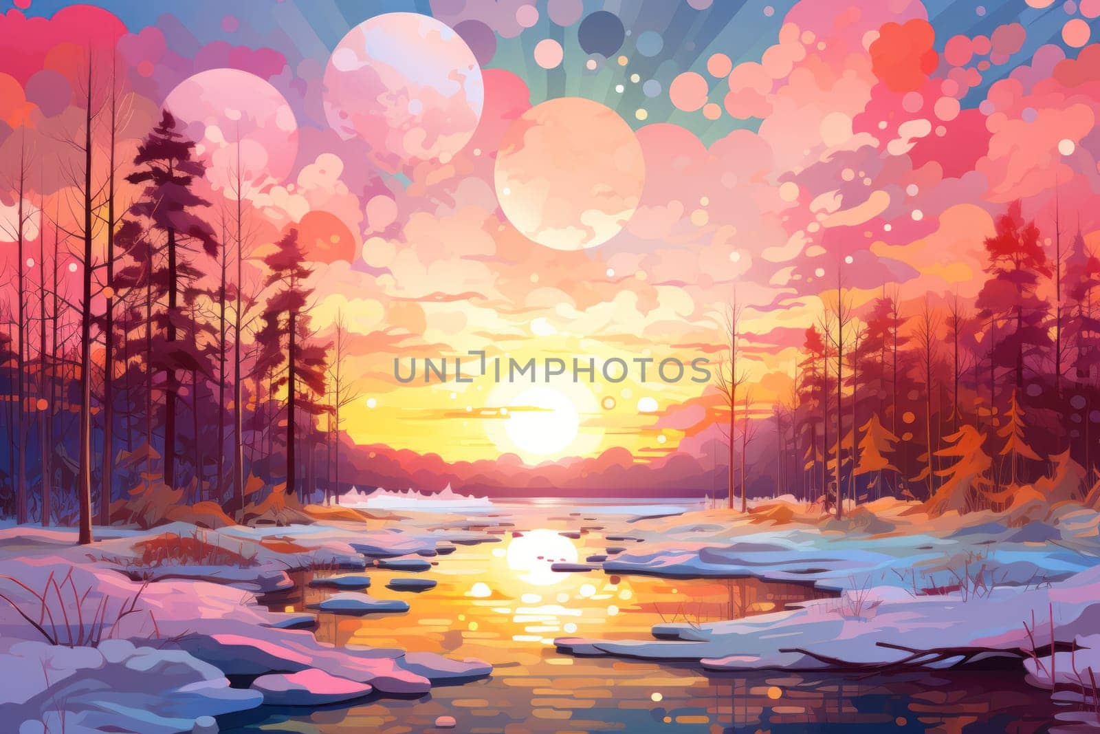 An exquisite visual representation of the winter skies, highlighting the unique color schemes and breathtaking beauty brought by the low-angled sun during winter sunrises and sunsets.