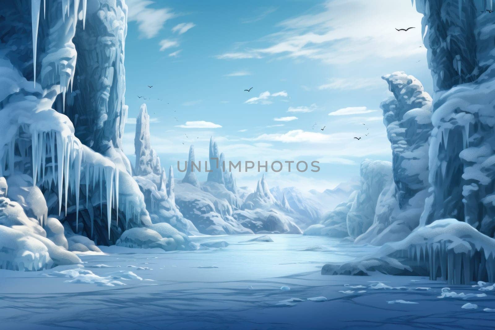 A mesmerizing display of the winter landscape, focusing on the distinctive and captivating frozen waterfalls found in chilly regions.