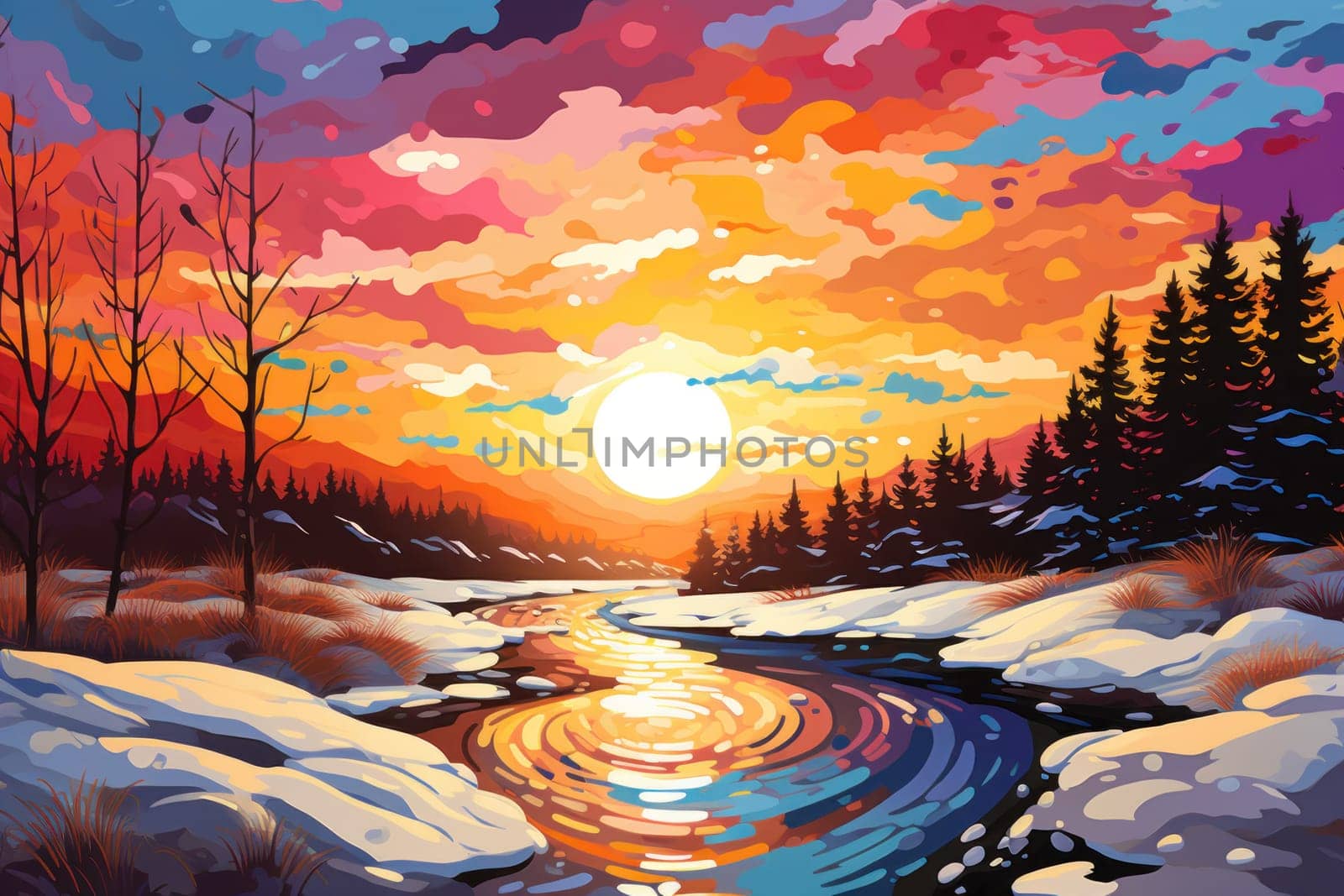 An exquisite visual representation of the winter skies, highlighting the unique color schemes and breathtaking beauty brought by the low-angled sun during winter sunrises and sunsets.