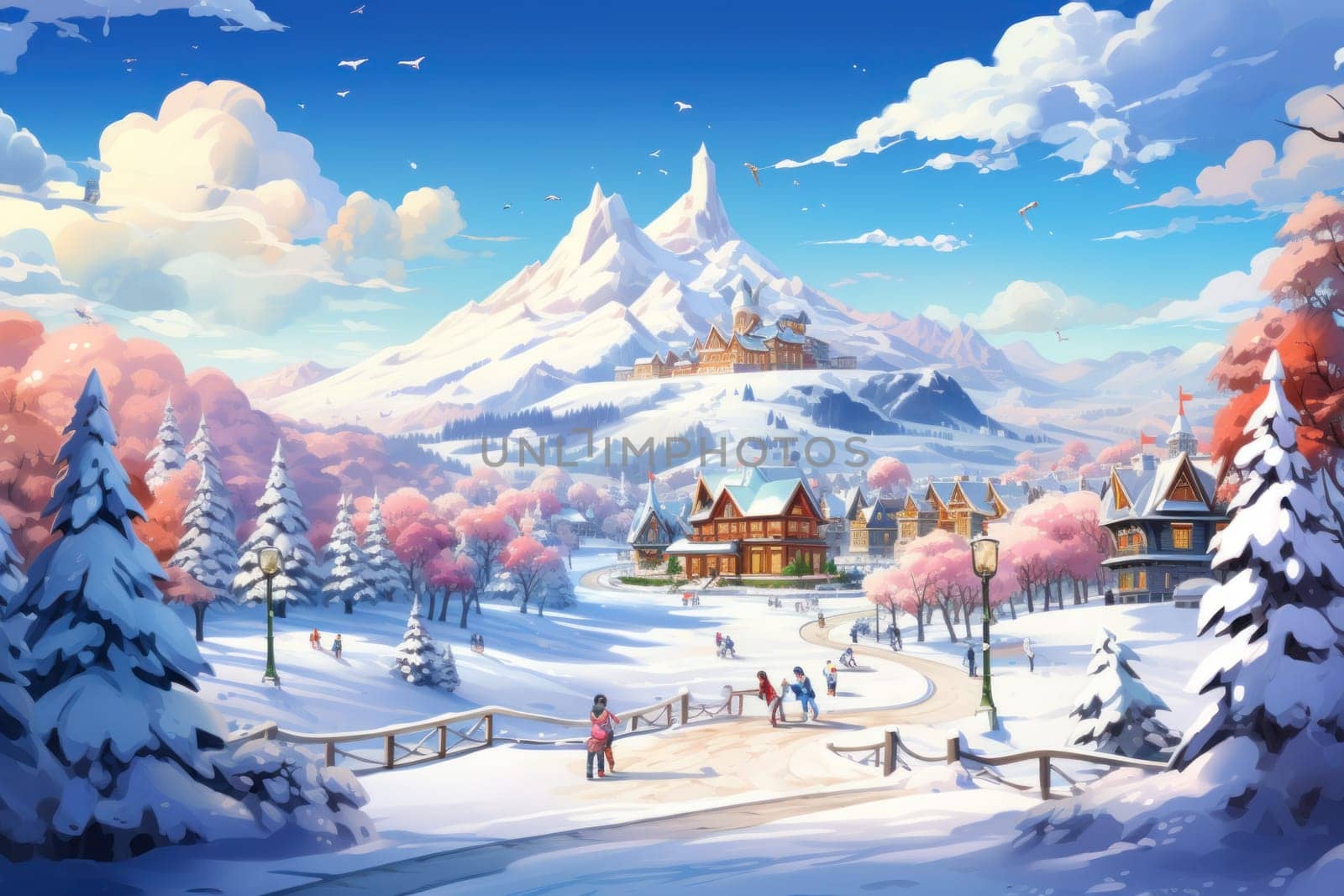 A dynamic portrayal of the winter wonderland at ski resorts, capturing the exhilaration and scenic beauty.
