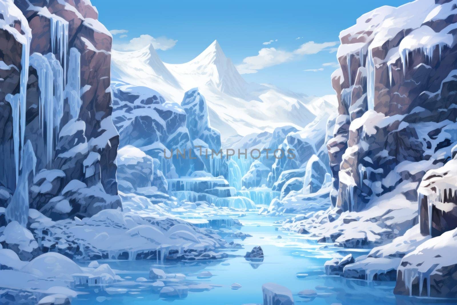 A mesmerizing display of the winter landscape, focusing on the distinctive and captivating frozen waterfalls found in chilly regions.