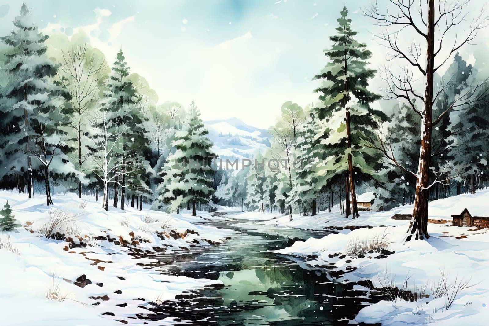 Winter picturesque watercolor landscape. Ai generative art