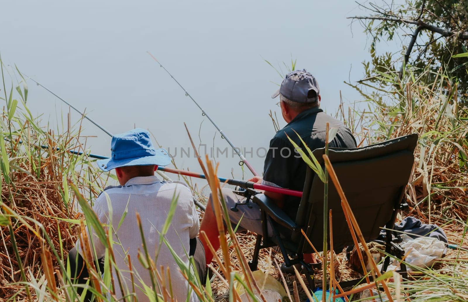 Two Caucasian men sit from behind on the shore of a lake in tall grass and catch fish with a fishing rod on a sunny summer day, close-up side view.