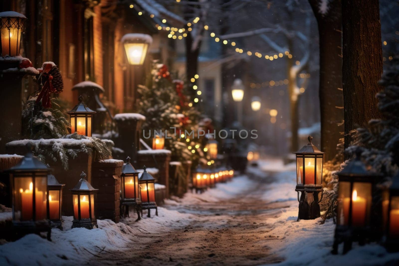 A captivating portrayal of the winter charm, focusing on the creation of cozy and welcoming visuals using the soft glow of candles or lanterns against the snowy backdrop.