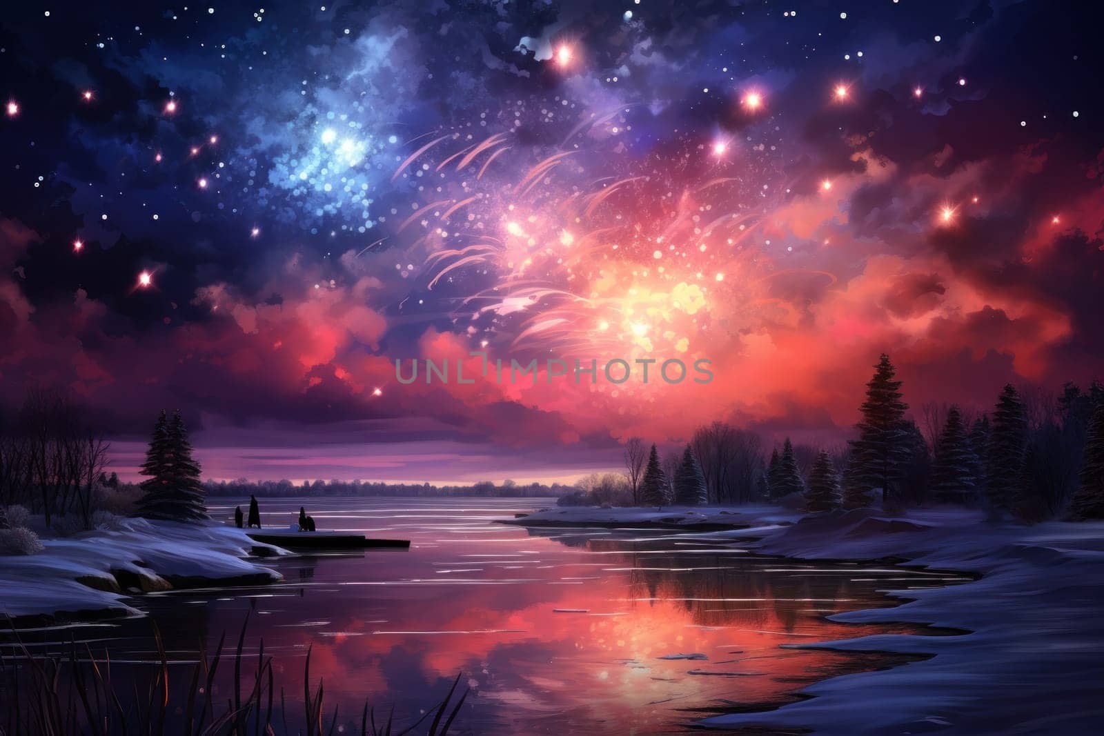 An electrifying display of winter's nocturnal splendor, featuring the dazzling spectacle of New Year's Eve fireworks and other seasonal celebrations.