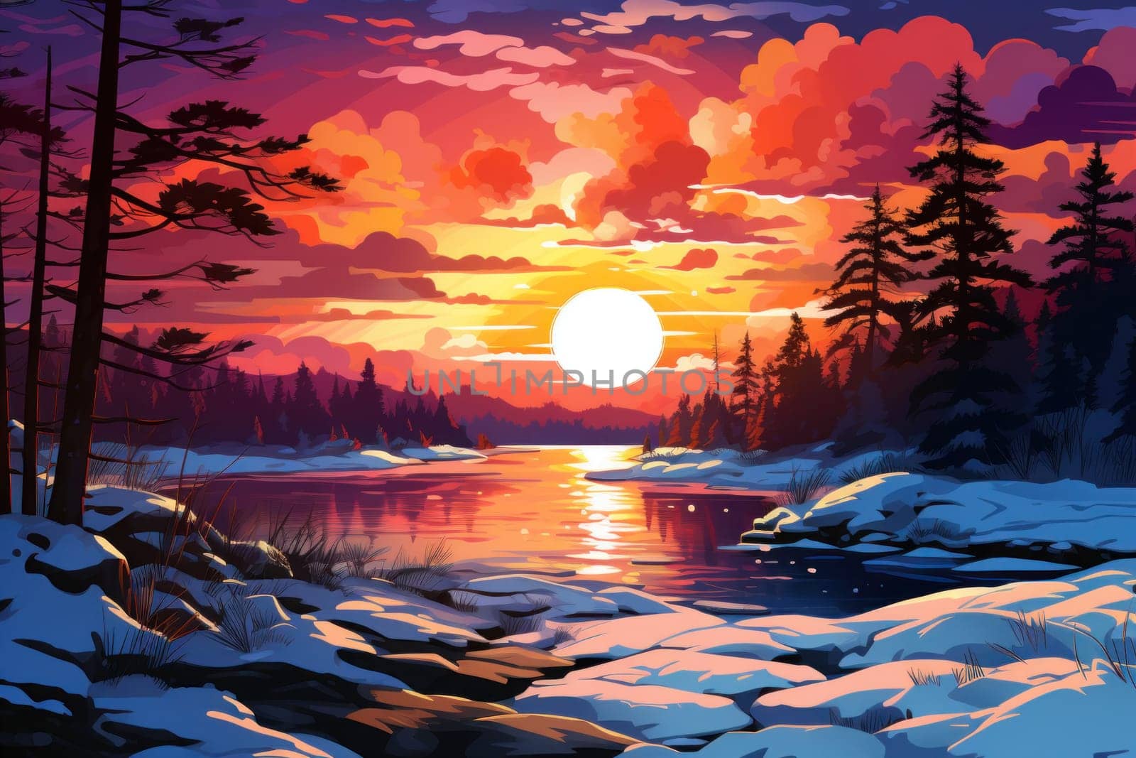 An exquisite visual representation of the winter skies, highlighting the unique color schemes and breathtaking beauty brought by the low-angled sun during winter sunrises and sunsets.