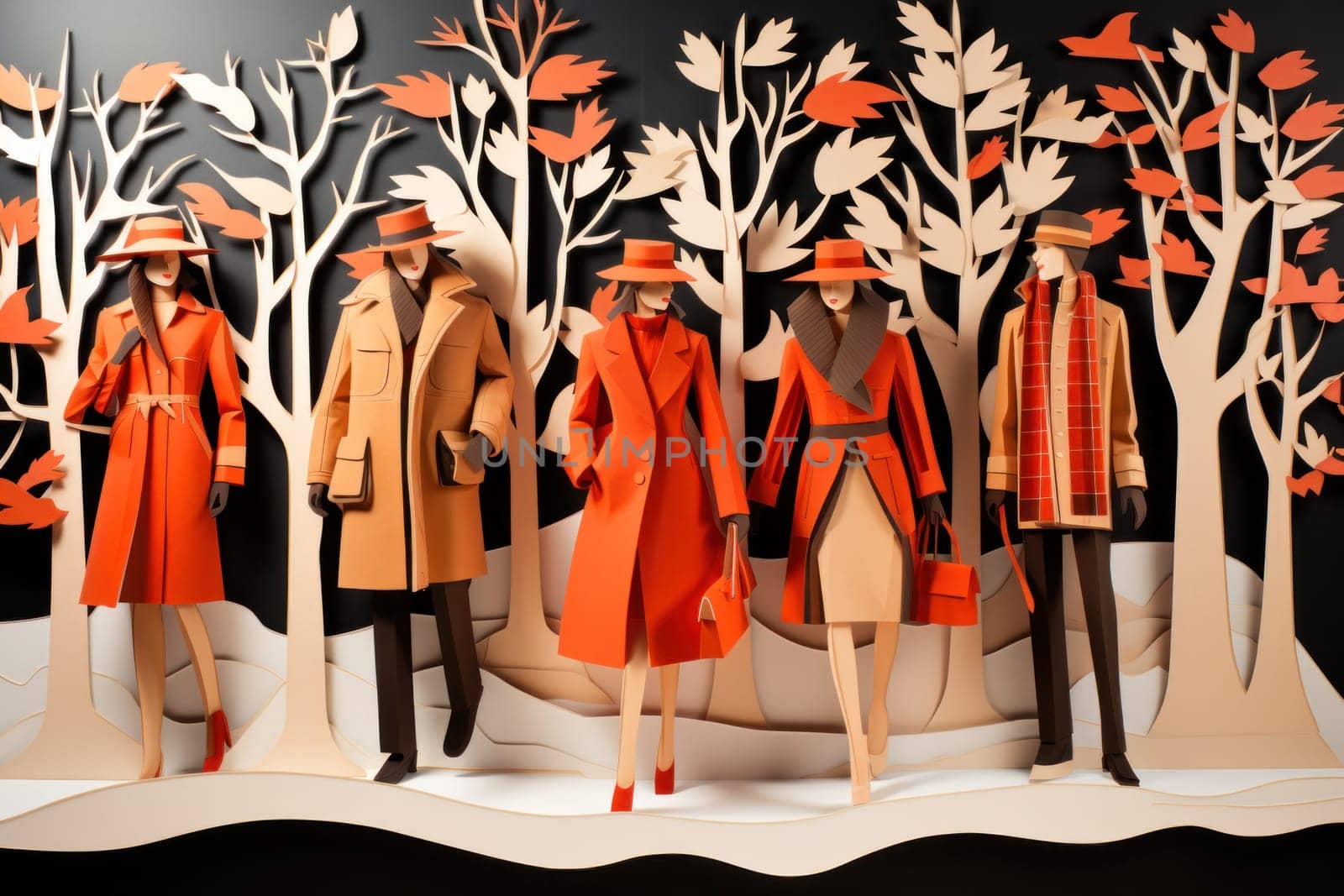 A chic portrayal of the winter season's fashion, highlighting stylish winter attire, including scarves, hats, and coats. This composition captures the elegance and coziness of winter wardrobe.