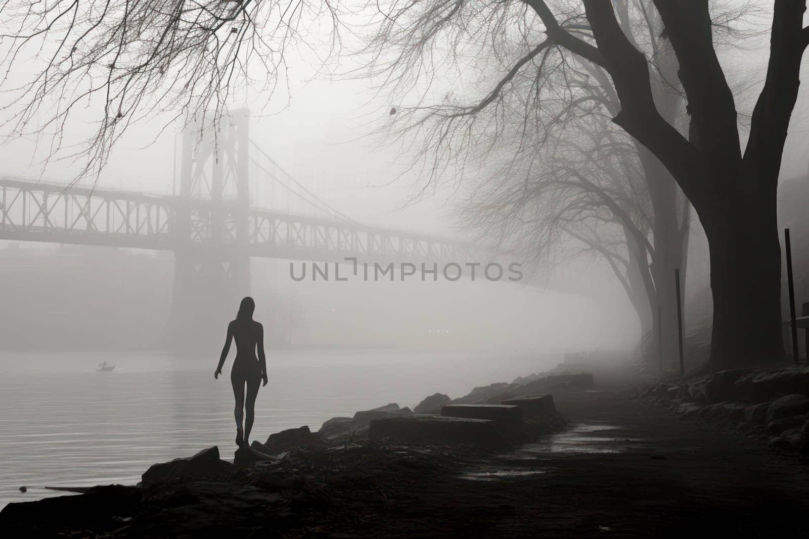 A captivating visual representation of the winter ambiance, focusing on the enigmatic allure of fog and mist enveloping the landscape, especially near bodies of water.