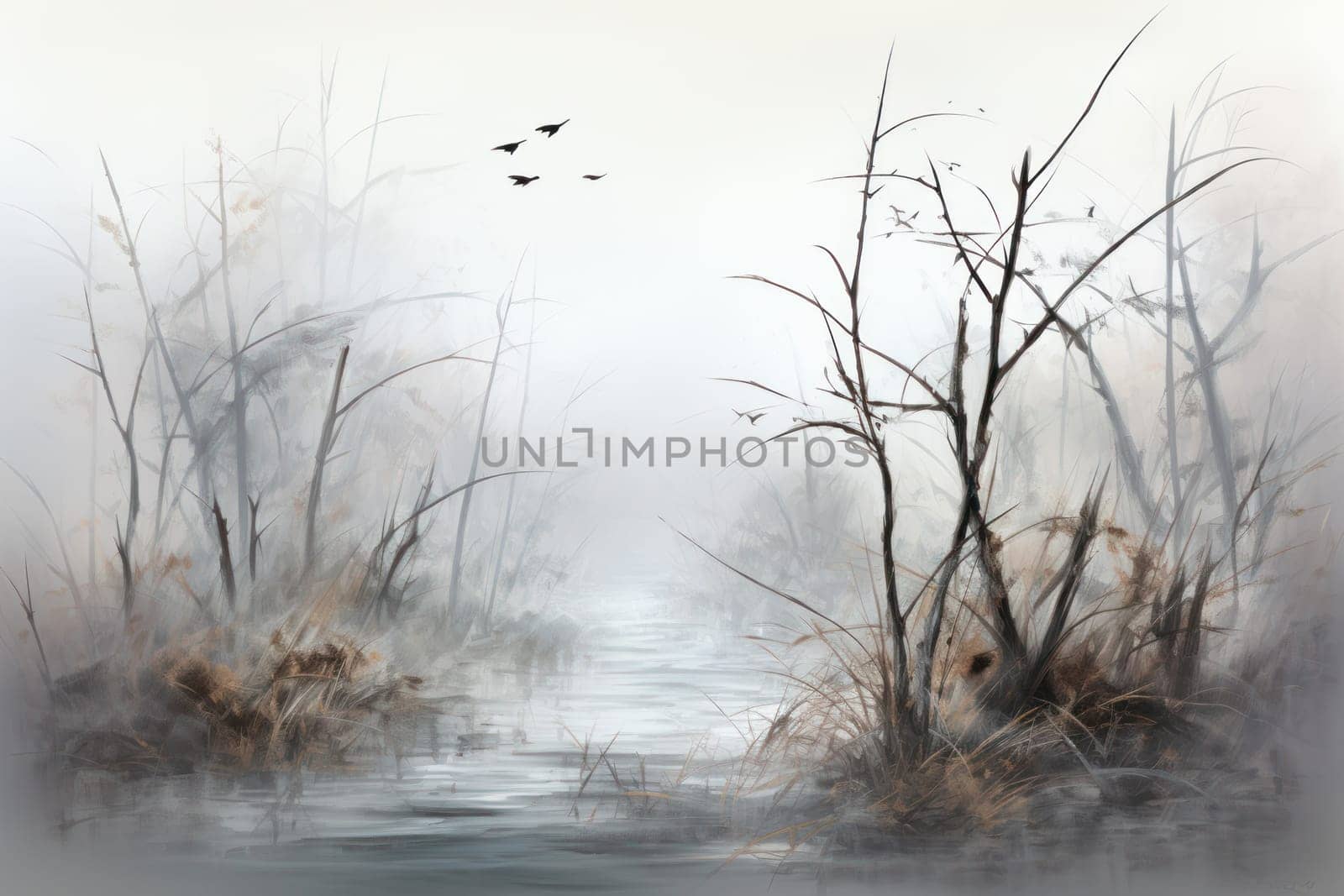 A captivating visual representation of the winter ambiance, focusing on the enigmatic allure of fog and mist enveloping the landscape, especially near bodies of water.