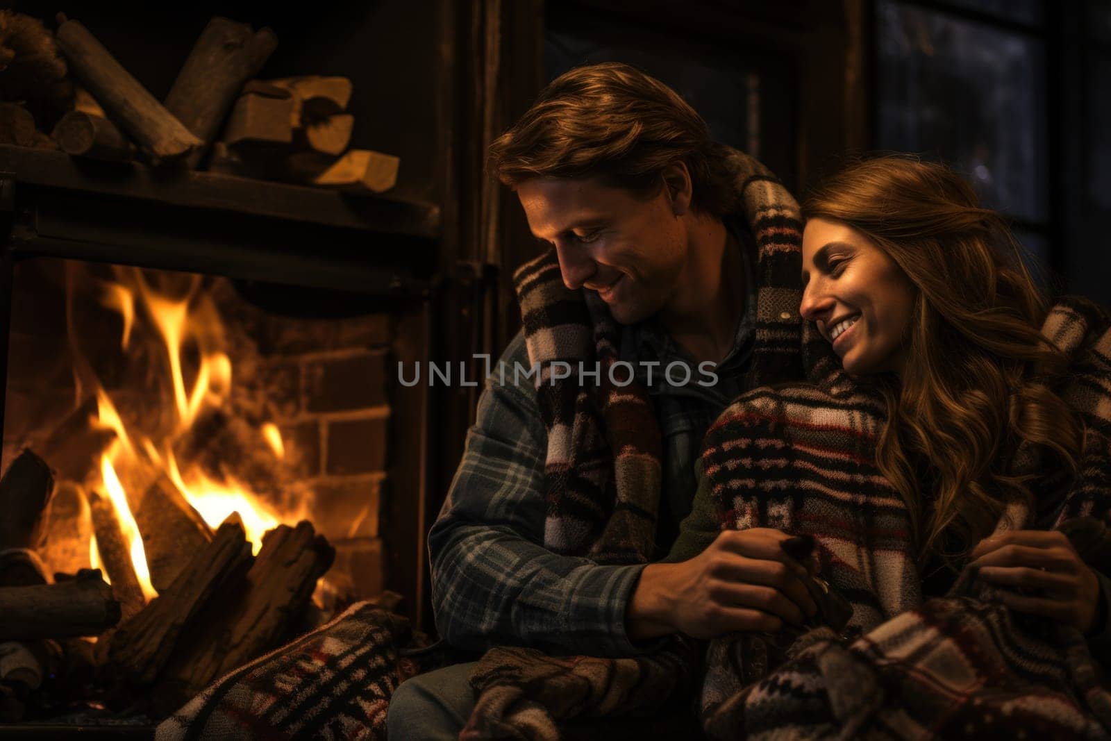A heartwarming depiction of the winter season's charm, with individuals captured indoors, basking by a crackling fire, indulging in hot cocoa, or cocooned in soft blankets.
