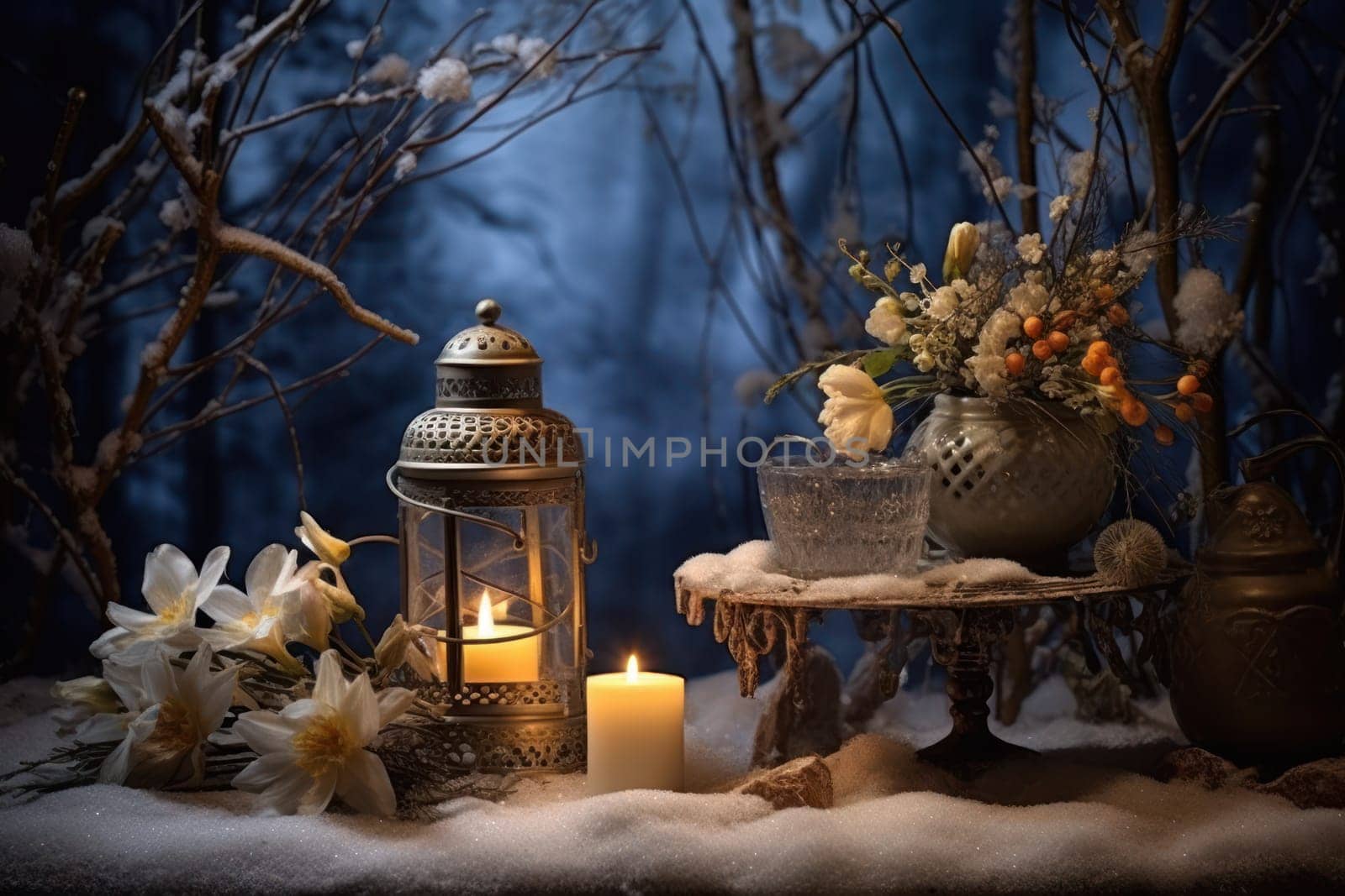 A captivating portrayal of the winter charm, focusing on the creation of cozy and welcoming visuals using the soft glow of candles or lanterns against the snowy backdrop.