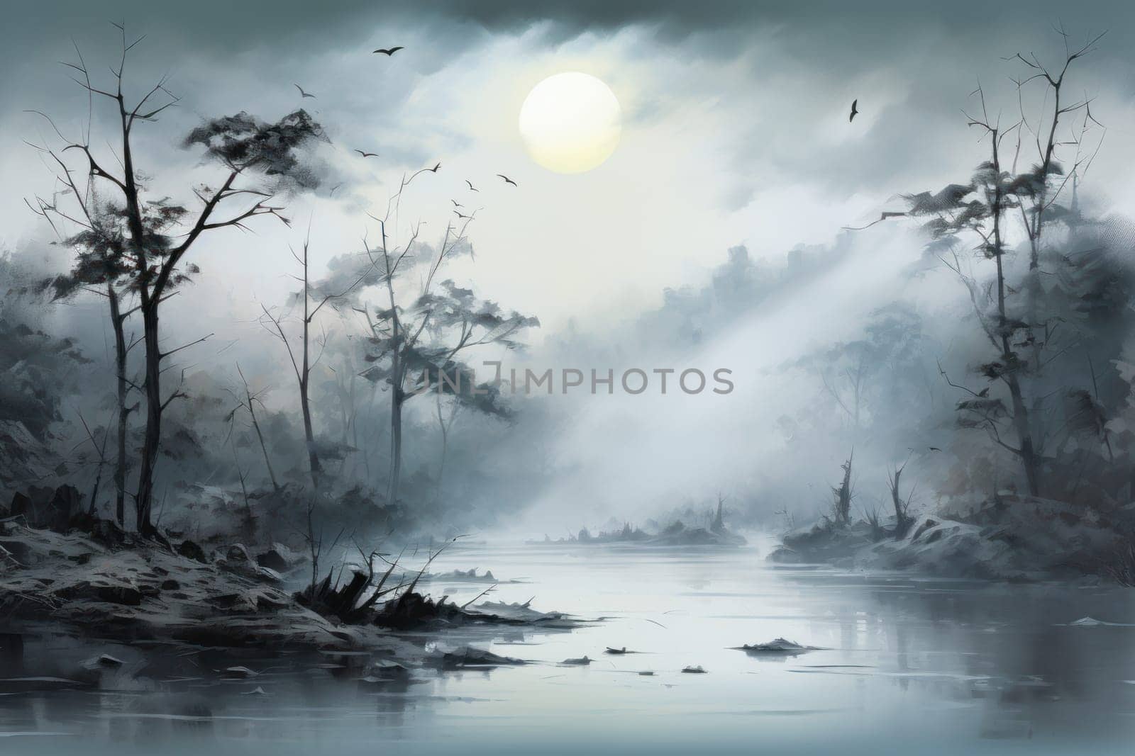 A captivating visual representation of the winter ambiance, focusing on the enigmatic allure of fog and mist enveloping the landscape, especially near bodies of water.