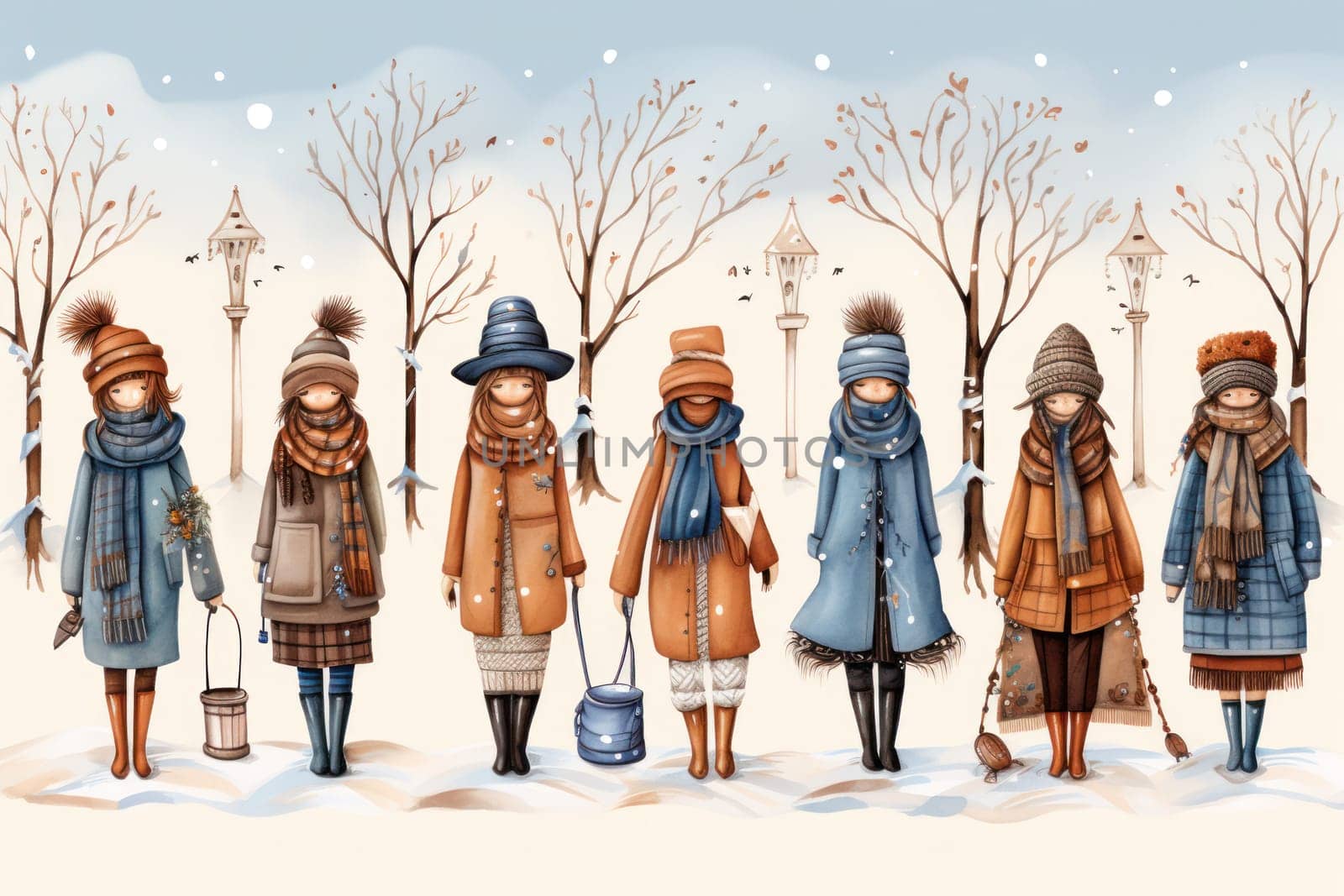 A chic portrayal of the winter season's fashion, highlighting stylish winter attire, including scarves, hats, and coats. This composition captures the elegance and coziness of winter wardrobe.