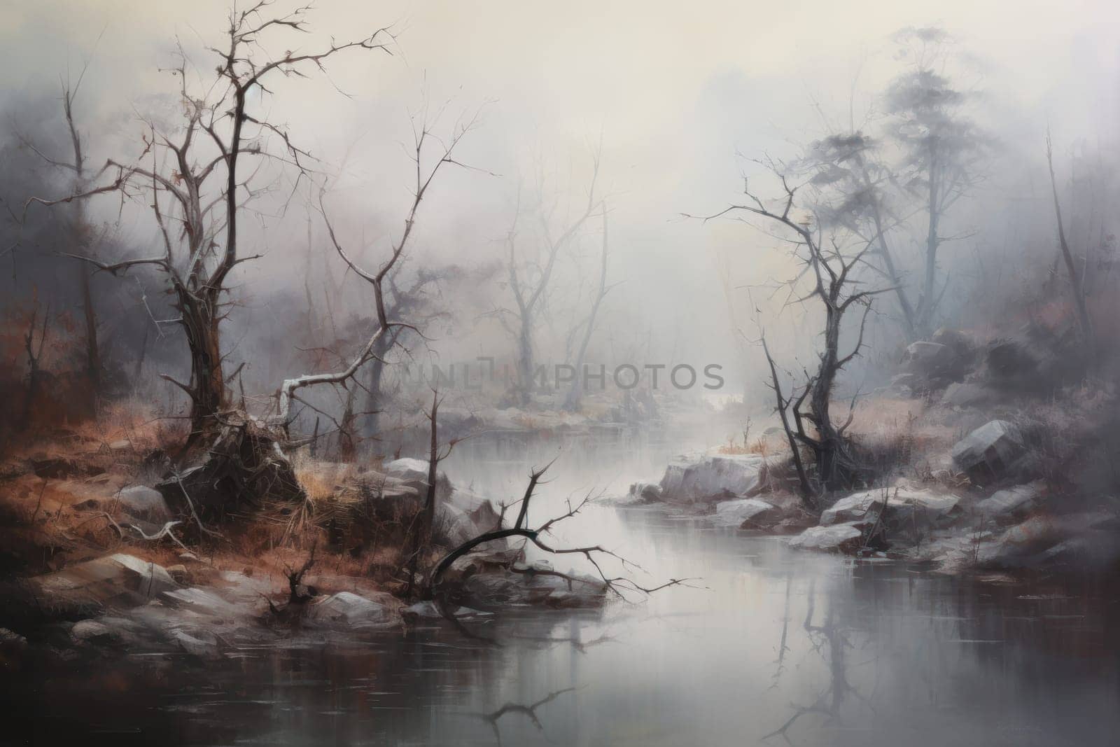 A captivating visual representation of the winter ambiance, focusing on the enigmatic allure of fog and mist enveloping the landscape, especially near bodies of water.