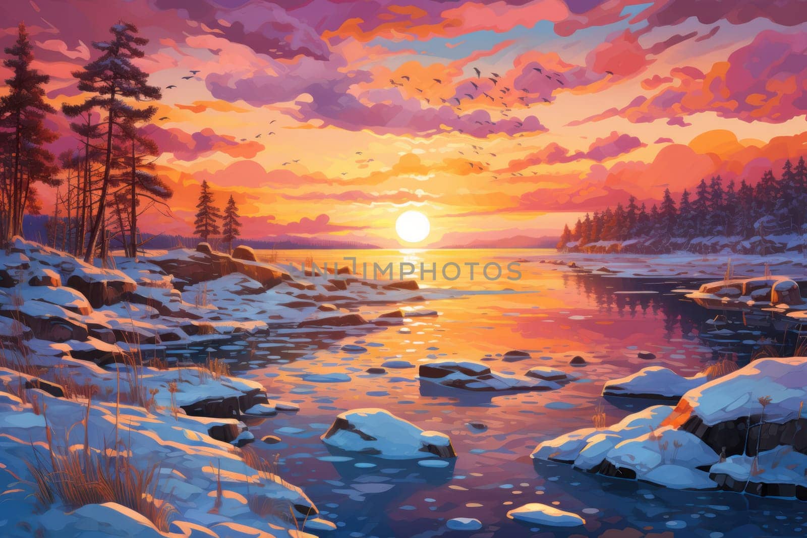 An exquisite visual representation of the winter skies, highlighting the unique color schemes and breathtaking beauty brought by the low-angled sun during winter sunrises and sunsets.