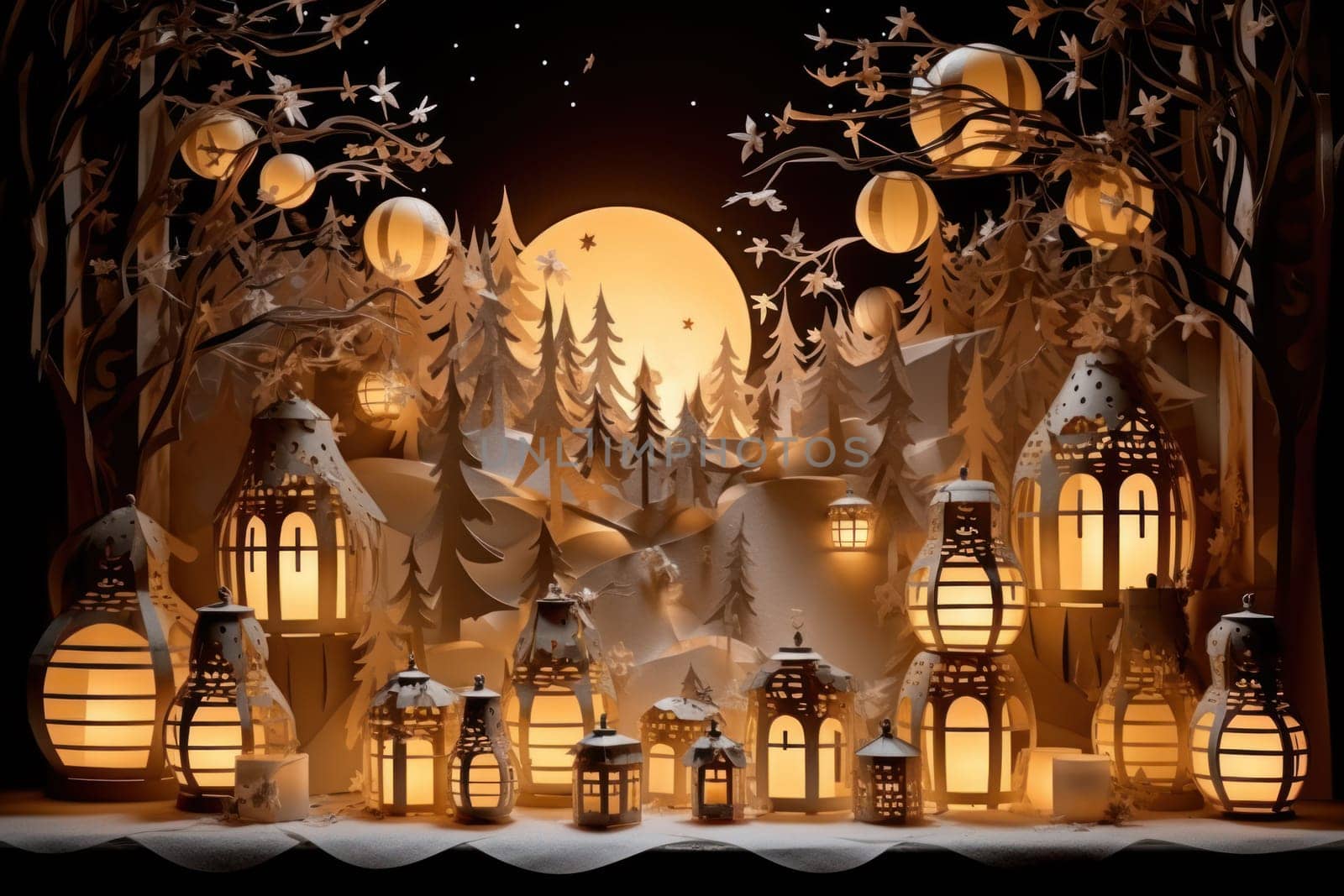 A captivating portrayal of the winter charm, focusing on the creation of cozy and welcoming visuals using the soft glow of candles or lanterns against the snowy backdrop.