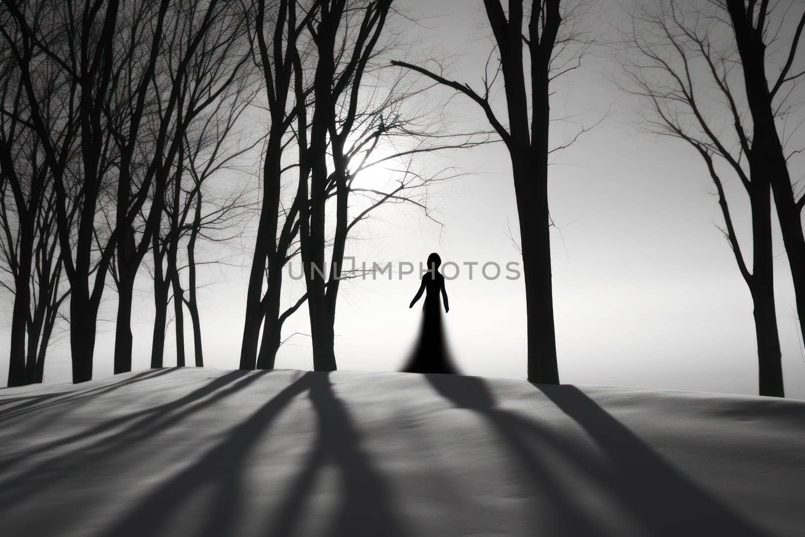 A striking visual display of the winter season, utilizing the extended shadows and sharp differences in lighting to craft captivating silhouettes against the snowy backdrop.