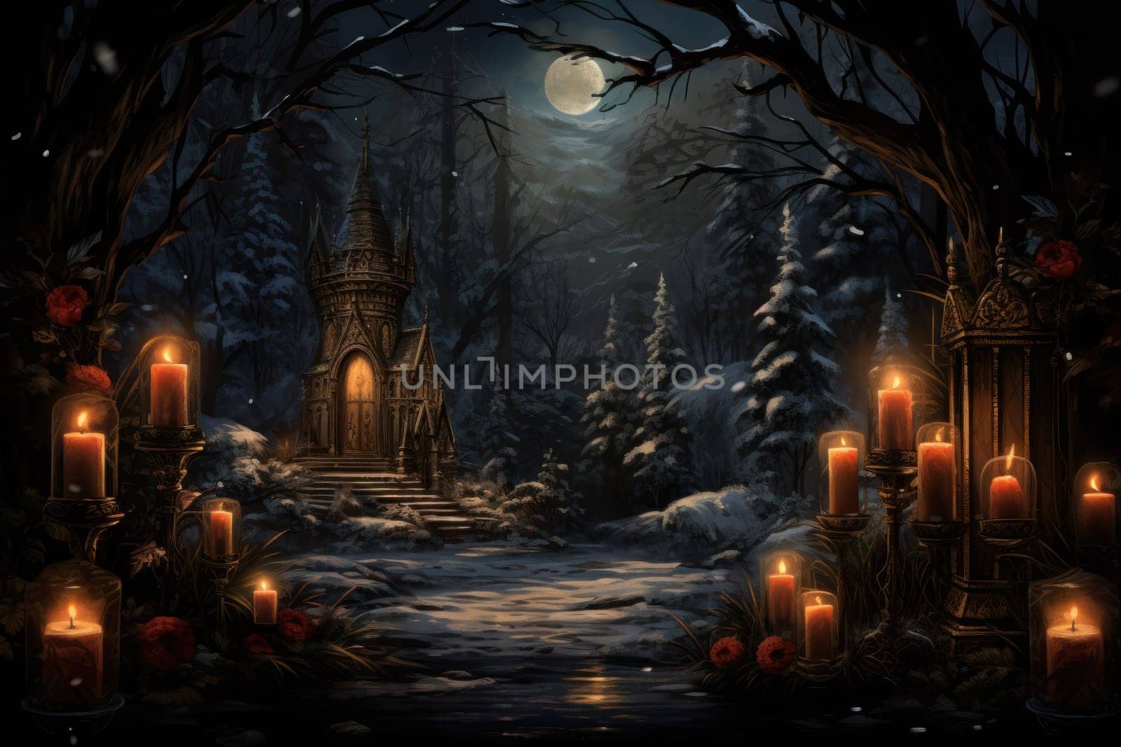 A captivating portrayal of the winter charm, focusing on the creation of cozy and welcoming visuals using the soft glow of candles or lanterns against the snowy backdrop.