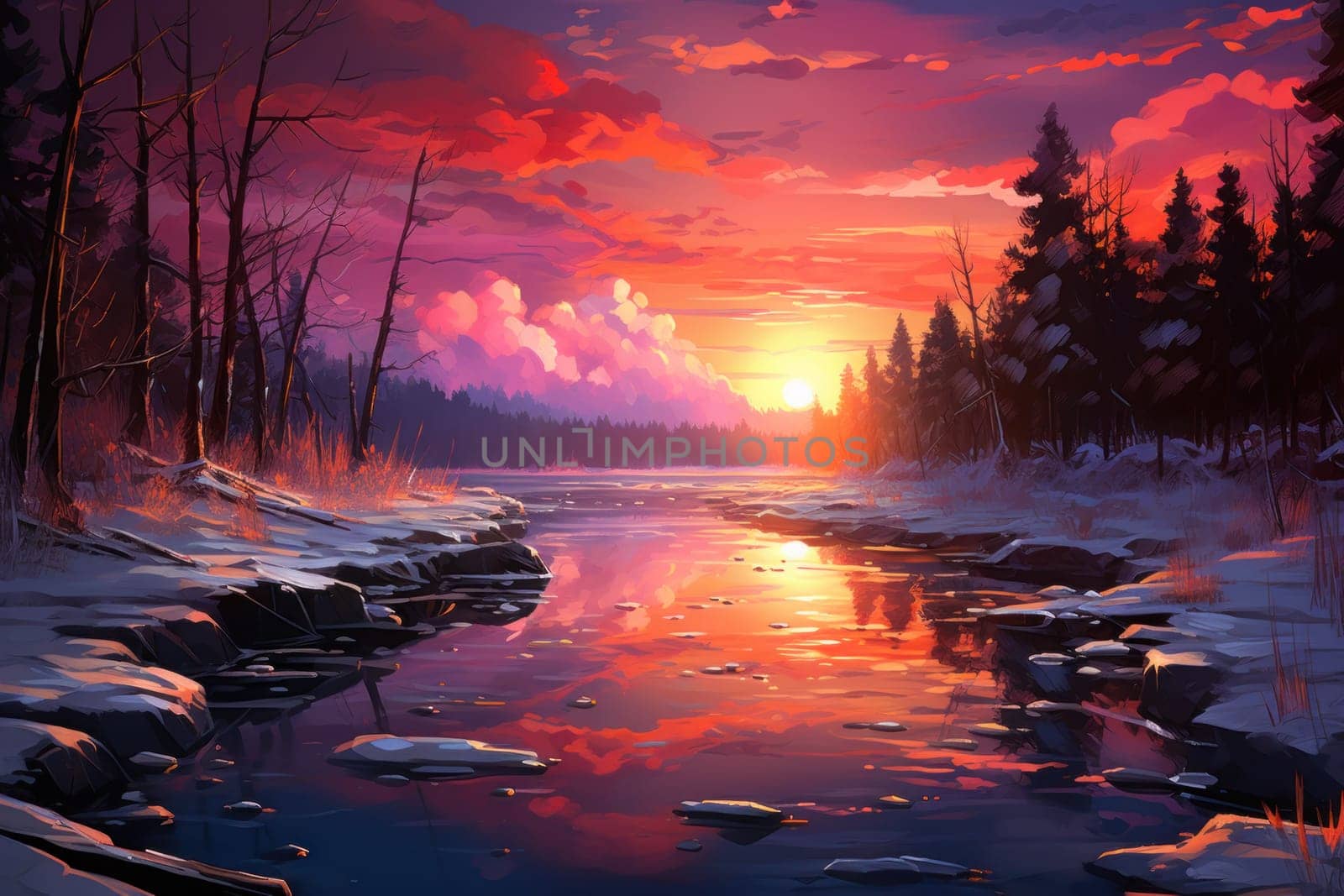 An exquisite visual representation of the winter skies, highlighting the unique color schemes and breathtaking beauty brought by the low-angled sun during winter sunrises and sunsets.