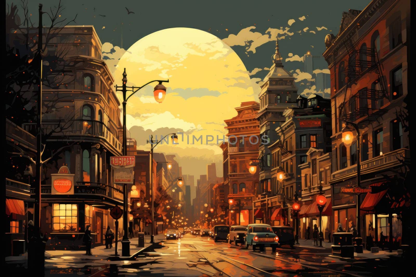 An evocative representation of urban life during winter, focusing on the enchanting vistas of city streets, buildings blanketed in snow, and the warm radiance of streetlights.