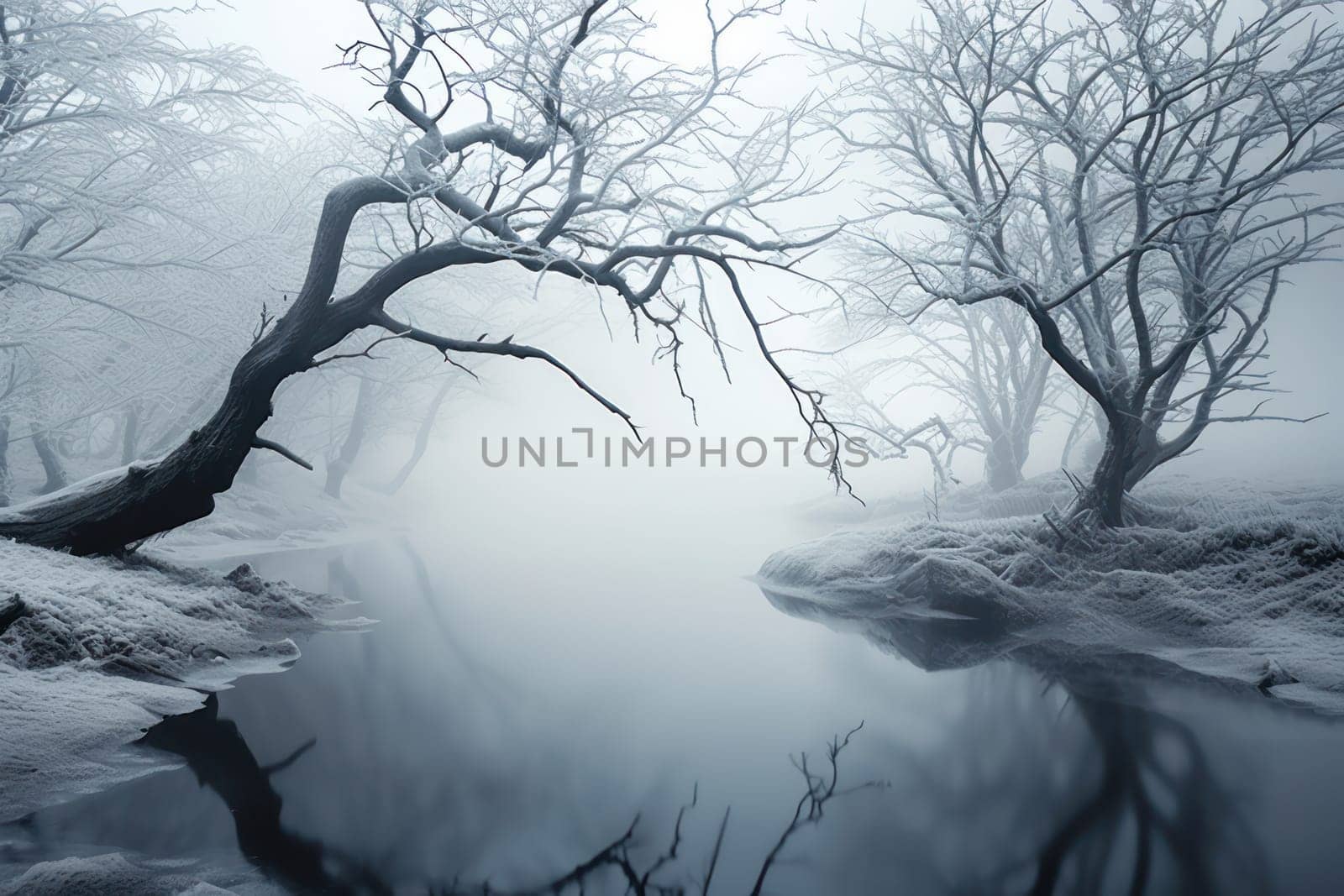 A captivating visual representation of the winter ambiance, focusing on the enigmatic allure of fog and mist enveloping the landscape, especially near bodies of water.