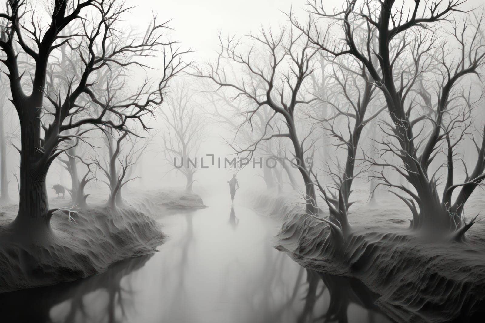 A captivating visual representation of the winter ambiance, focusing on the enigmatic allure of fog and mist enveloping the landscape, especially near bodies of water.
