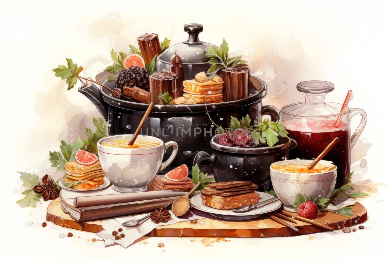 A mouthwatering portrayal of winter's culinary delights, showcasing the artful photography of winter-inspired dishes and beverages like hot soup, roasted chestnuts, and mulled wine.