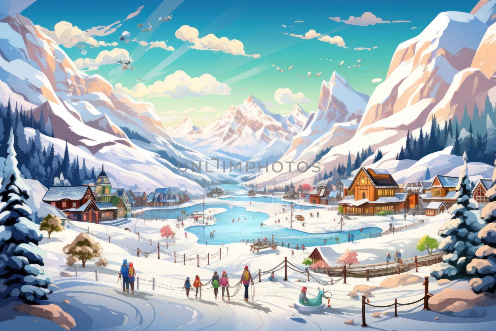 A dynamic portrayal of the winter wonderland at ski resorts, capturing the exhilaration and scenic beauty.