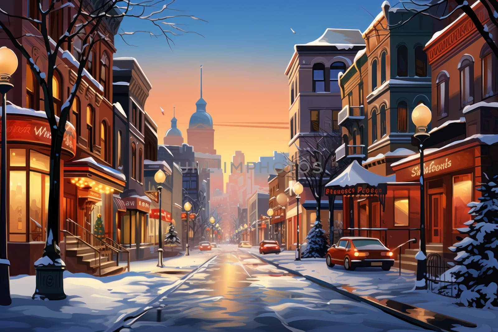 An evocative representation of urban life during winter, focusing on the enchanting vistas of city streets, buildings blanketed in snow, and the warm radiance of streetlights.