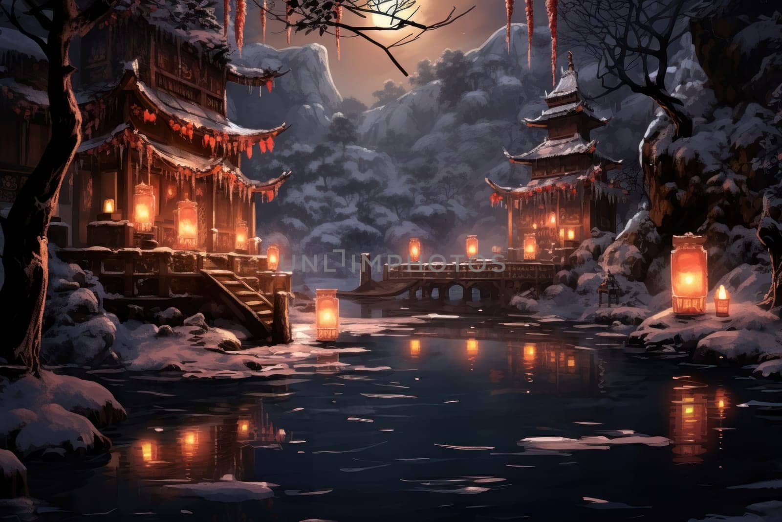 A captivating portrayal of the winter charm, focusing on the creation of cozy and welcoming visuals using the soft glow of candles or lanterns against the snowy backdrop.