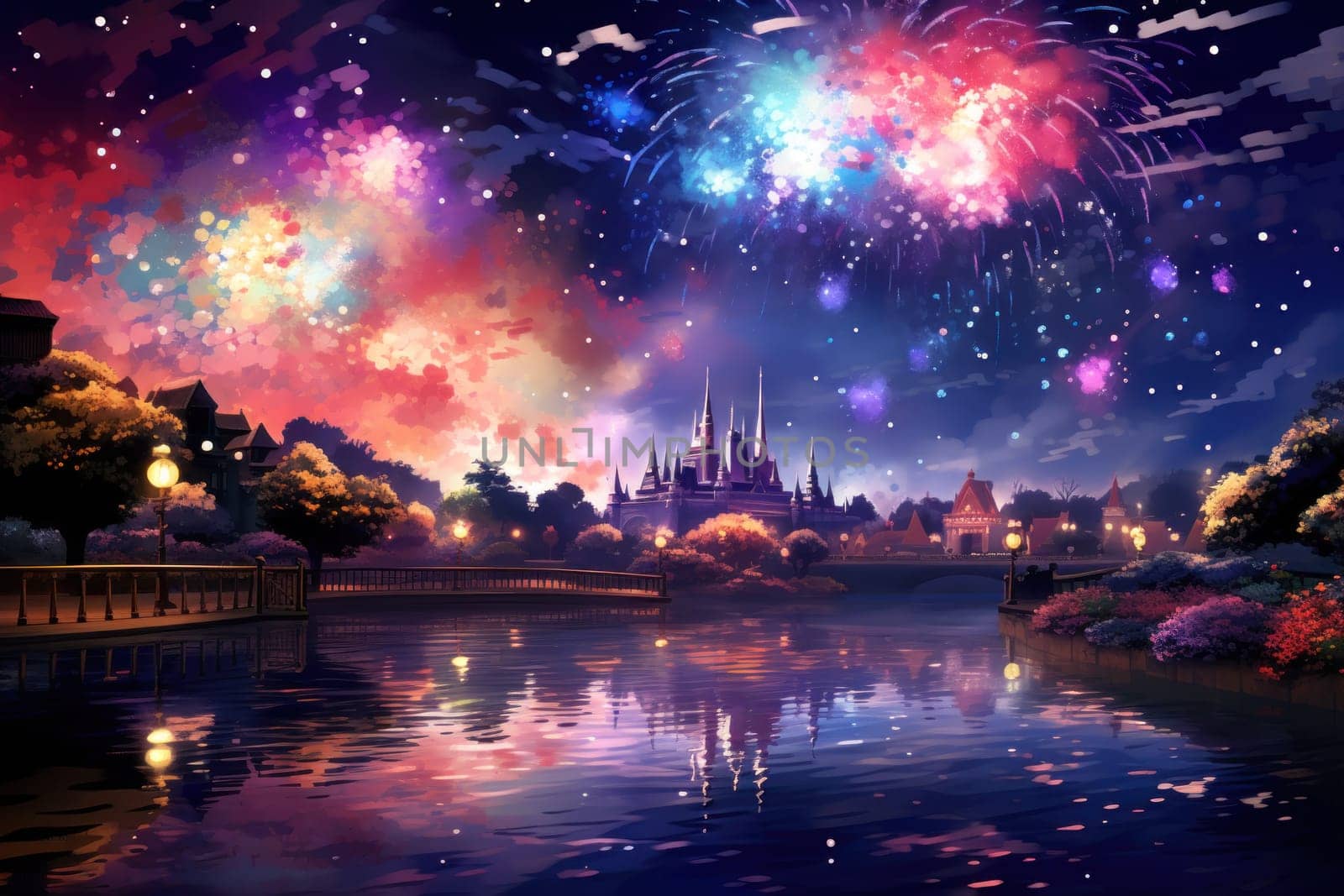 An electrifying display of winter's nocturnal splendor, featuring the dazzling spectacle of New Year's Eve fireworks and other seasonal celebrations.