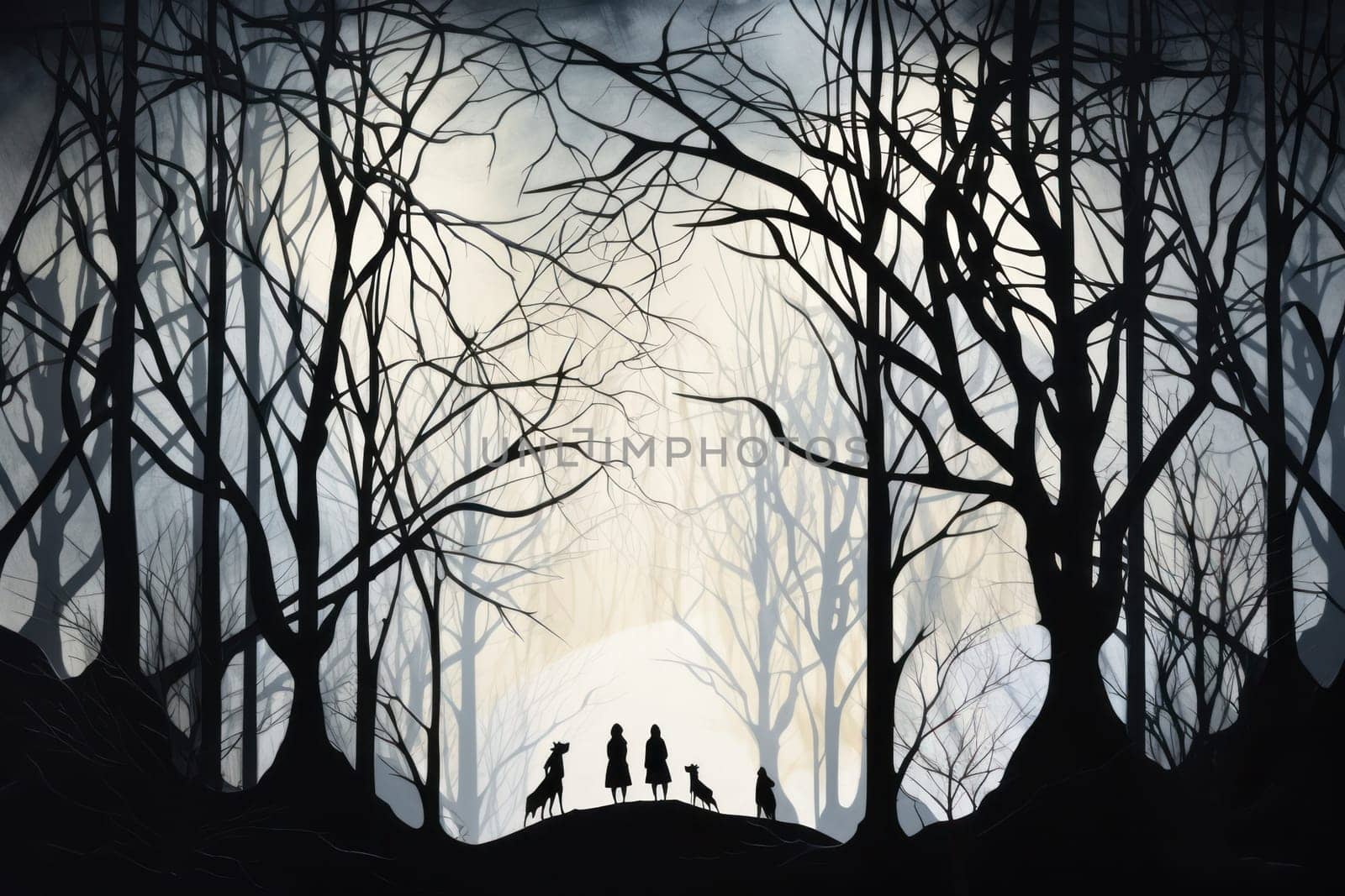 A striking visual display of the winter season, utilizing the extended shadows and sharp differences in lighting to craft captivating silhouettes against the snowy backdrop.