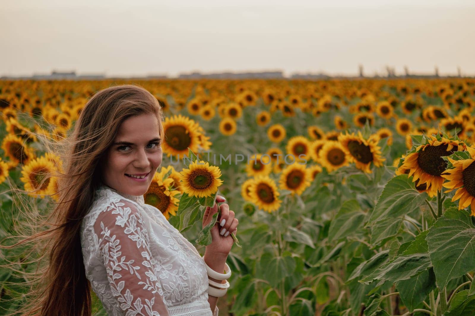 Woman in the sunflowers field. Summer time. Young beautiful woman standing in sunflower field.