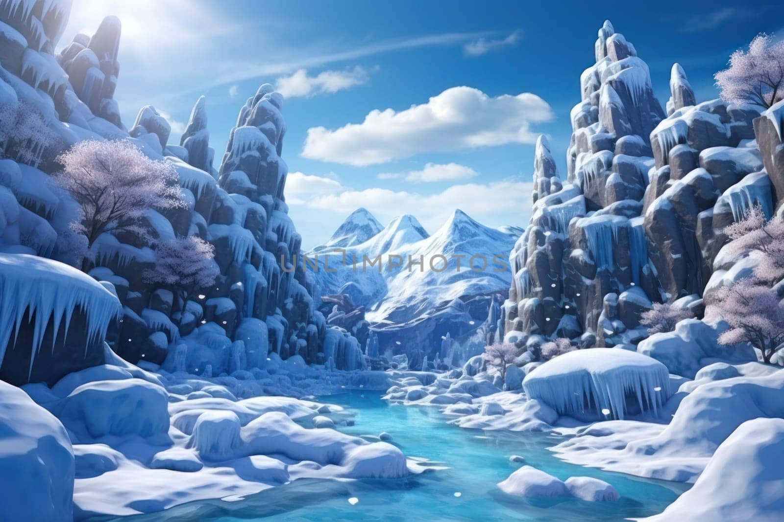 A mesmerizing display of the winter landscape, focusing on the distinctive and captivating frozen waterfalls found in chilly regions.