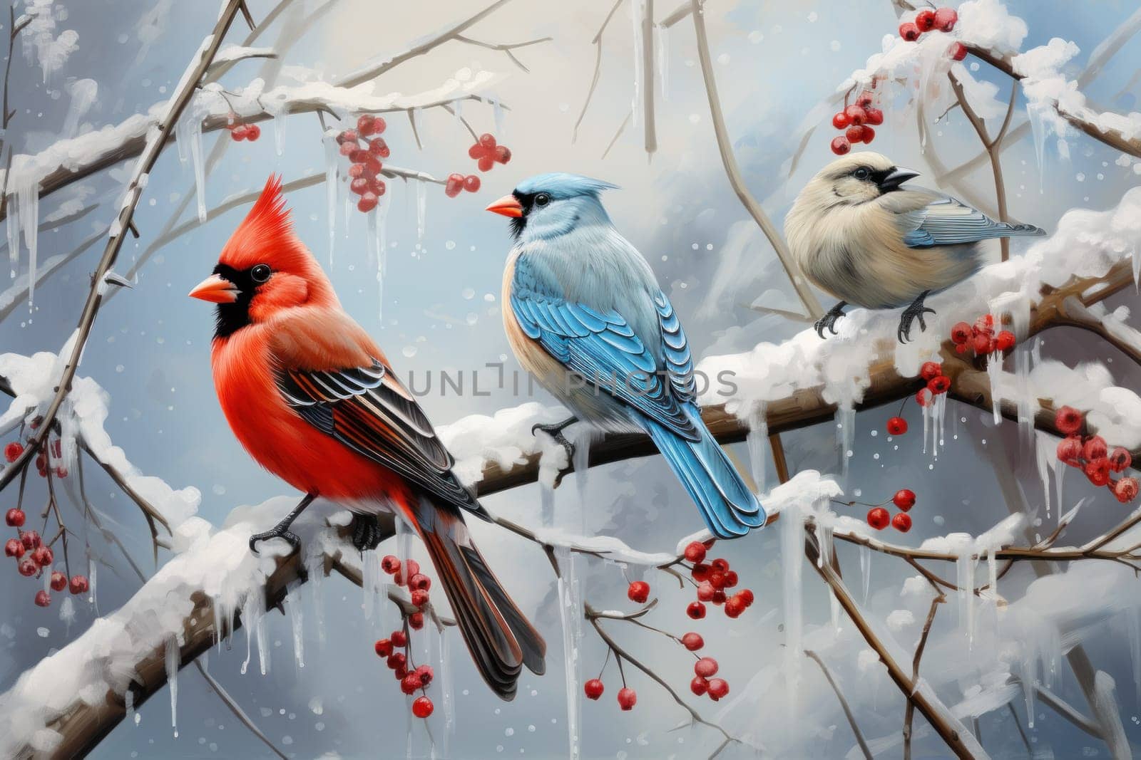 A stunning portrayal of winter's avian beauty, showcasing the artful photography of birds like cardinals, chickadees, and blue jays set against the pristine canvas of snow.
