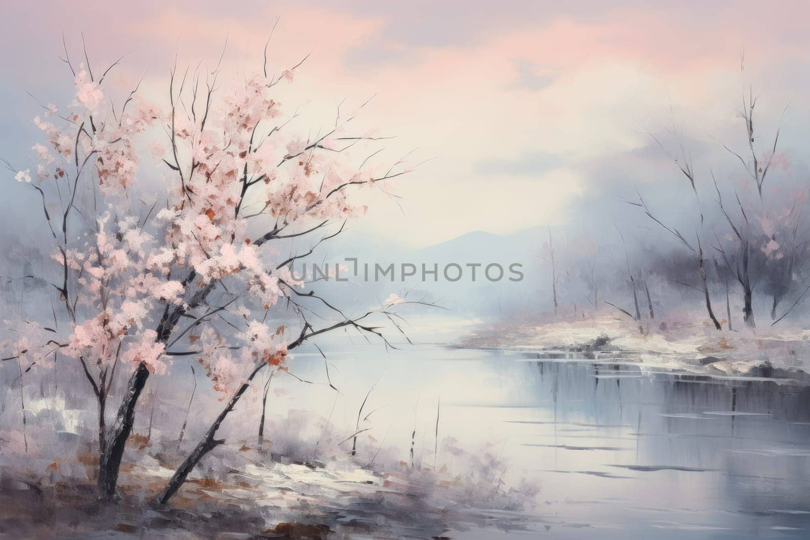 A captivating visual representation of the winter ambiance, focusing on the enigmatic allure of fog and mist enveloping the landscape, especially near bodies of water.