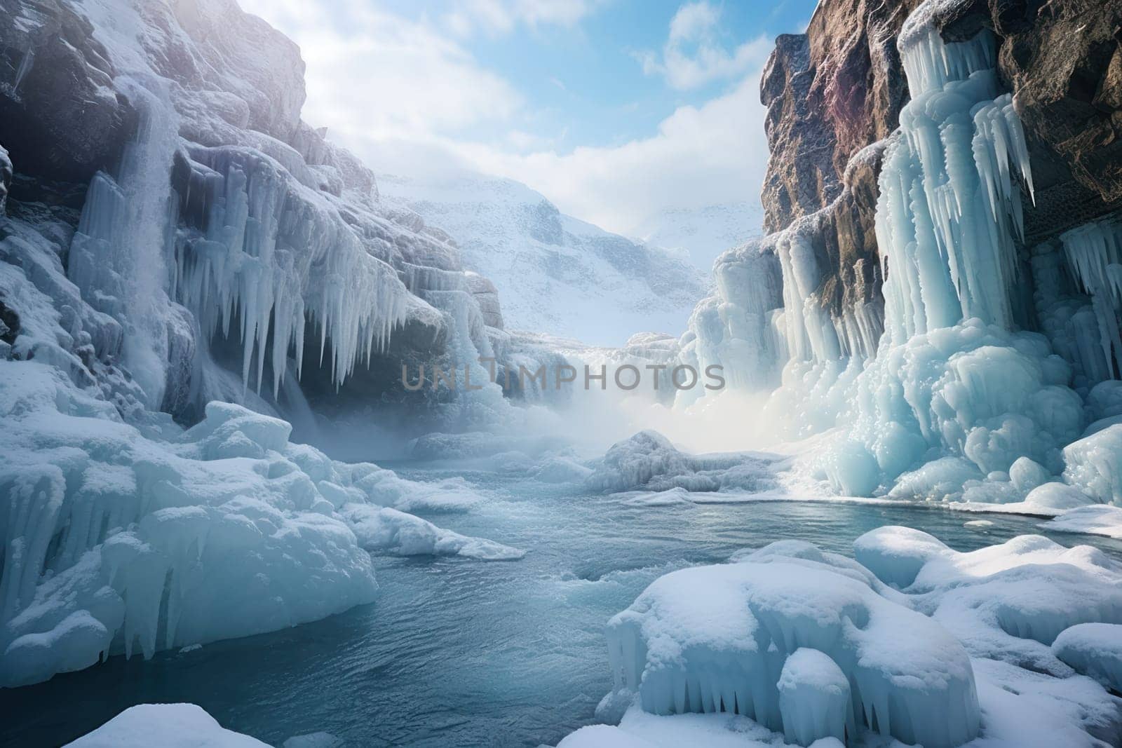 A mesmerizing display of the winter landscape, focusing on the distinctive and captivating frozen waterfalls found in chilly regions.